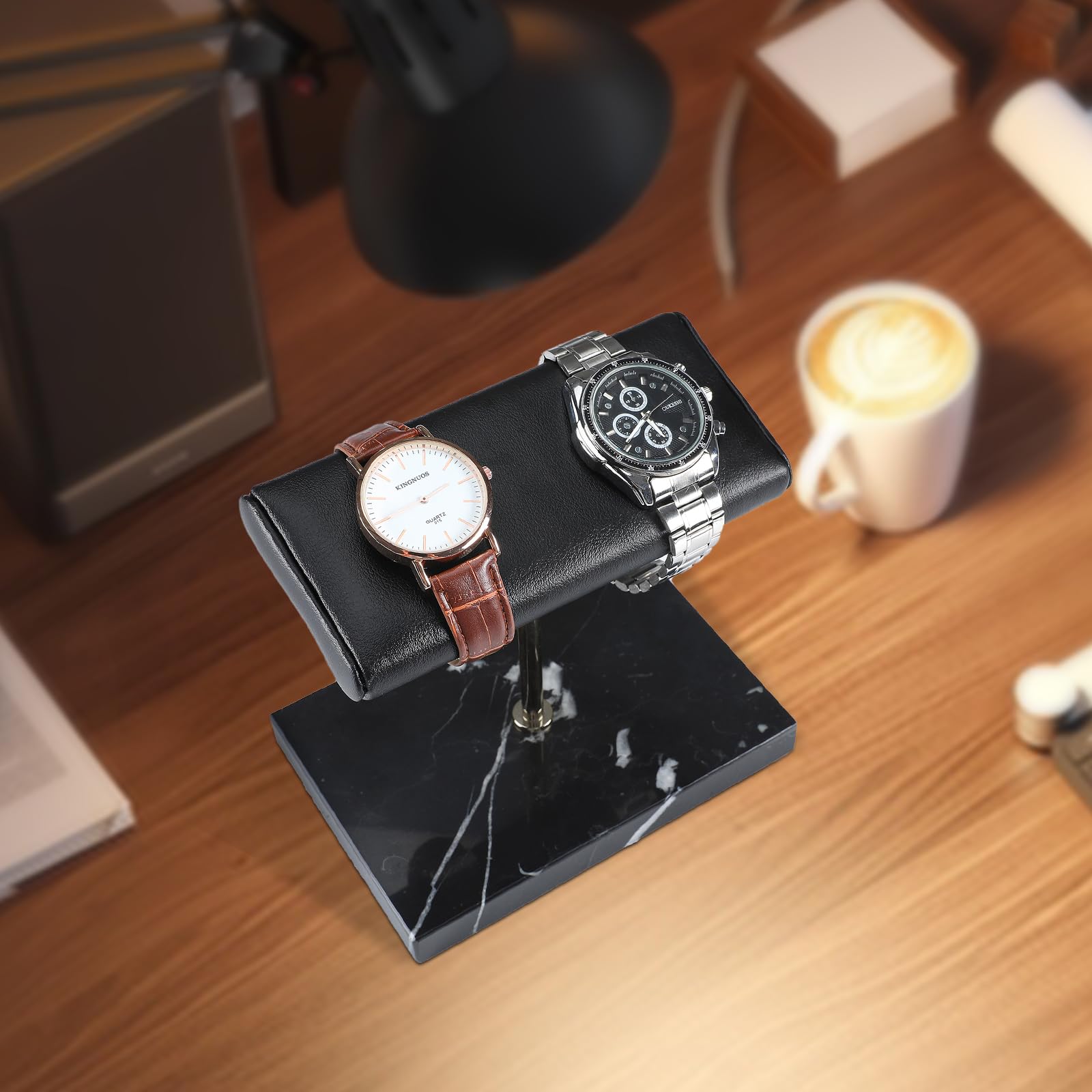 LYS&LYX Double Watch Stand | Handcrafted Italian Leather Marble base | Watch display stand compliment all watches | Jewelry stand | Watch organizer & holder | Watch Accessory (Black/Slive/Black)