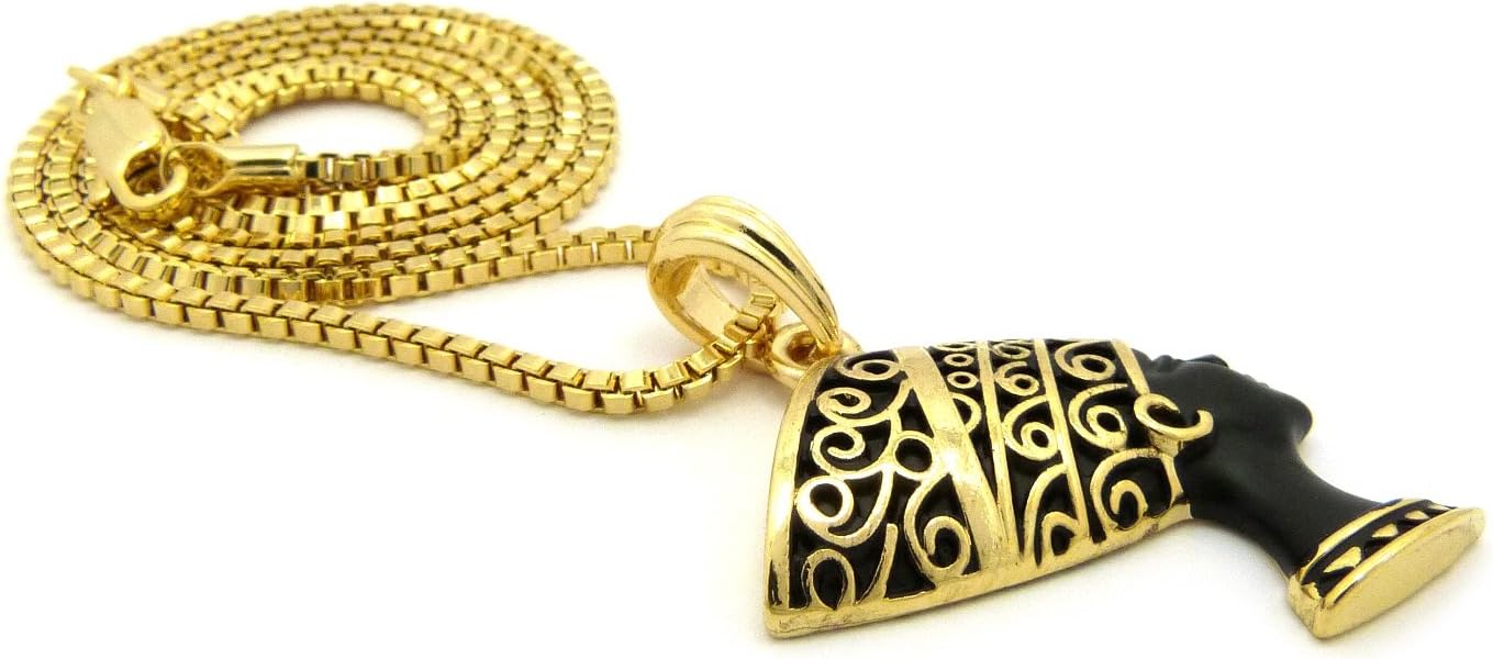 Egypt Queen Nefertiti Pierced Stud Earring, 18",20",24",27" Box Chain Necklace Set in Gold Black Tone