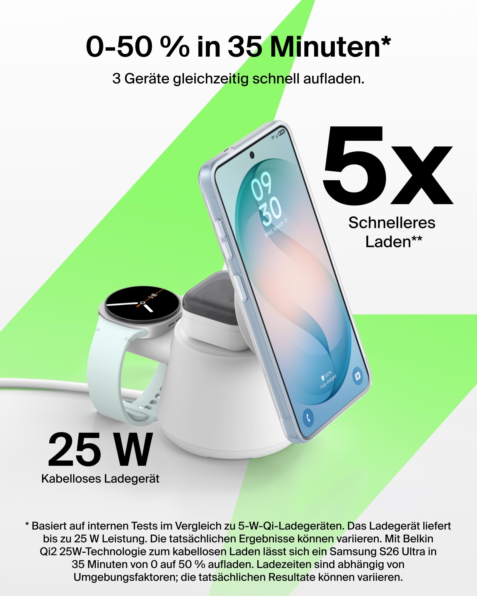 Belkin UltraCharge 3-in-1 Induktive Ladestation mit Qi2, 25W – Weiß | Qi2.2-zertifiziert, Kabelloses Ladegerät mit USB-C-Port, Wireless Charger für iPhone, Galaxy, Kopfhörer; mit 45W Netzteil