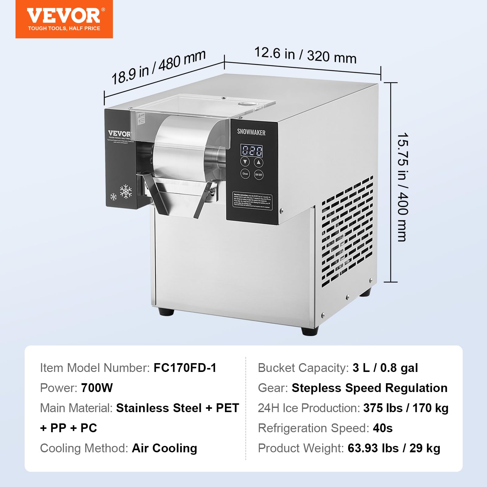 VEVOR Macchina per Ghiaccio a Fiocchi di Neve Commerciale, 170 kg/24 Ore, Macchina per Ghiaccio Tritato in Acciaio Inox, Sistema di Raffreddamento ad Aria per Dissipazione Calore, per Panetteria, Bar