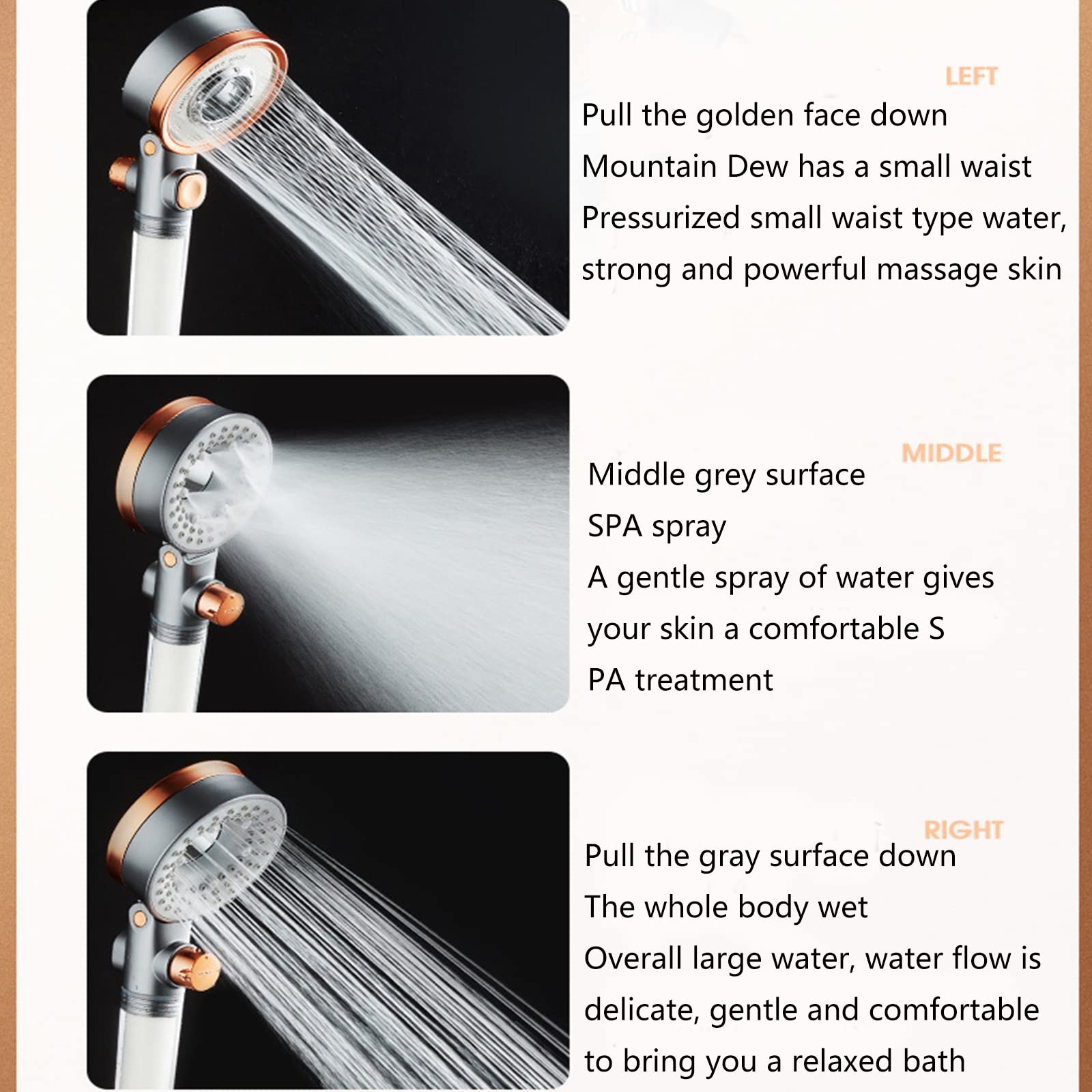 Alcachofa de Ducha, Ducha Mano Alta Presión con 3 Tipos, Ducha Antical, Ahorro de Agua Cabezal Ducha, con Interruptor de Pausa e Filtro, Gris Anaranjado