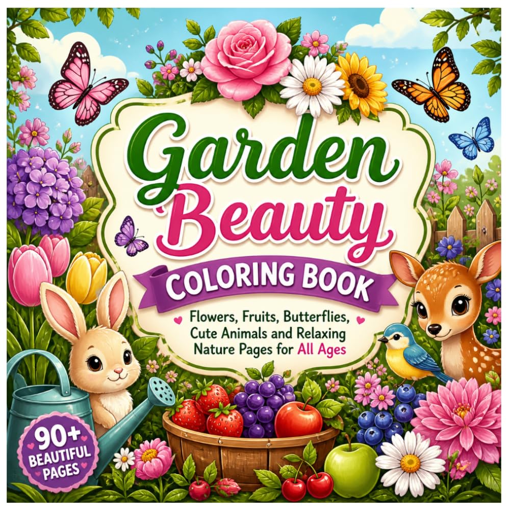 Garden Beauty Coloring Book: Flowers, Fruits, Butterflies, Cute Animals and Relaxing Nature Pages for All Ages