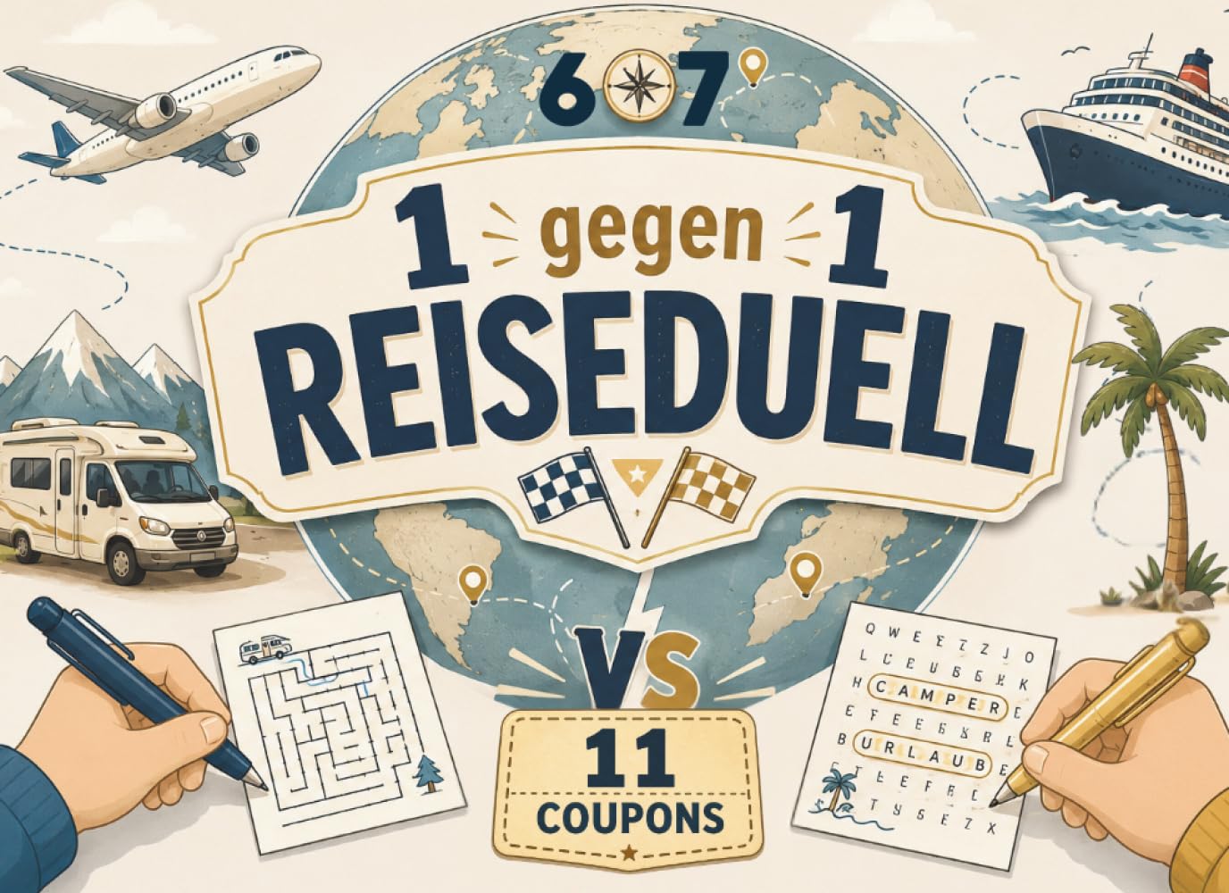 1 gegen 1 Reiseduell | 67 Camper- und Urlaubsduelle mit 11 Coupons, Challenges und Battles: Lustige Reisespiele und Rätsel für Paare, Freunde, ... und Kinder ab 10 Jahren (67 Duellbücher)