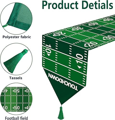 Miniatura 3 de Wehhbtye Paquete de 2 caminos de mesa de fútbol para cocina, camino de mesa de 12 x 71 pulgadas, cancha de fútbol americano con borlas, camino de