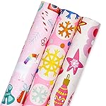 MAYPLUSS Pink Christmas Wrapping Paper - Mini Roll - 17in x 120 in Per roll - Pink White Snowfakes, Unicorn,Bell for Xmas Gift Wrap Retro Christmas Ornaments,for Holiday, New Year (46.8sq.ft)