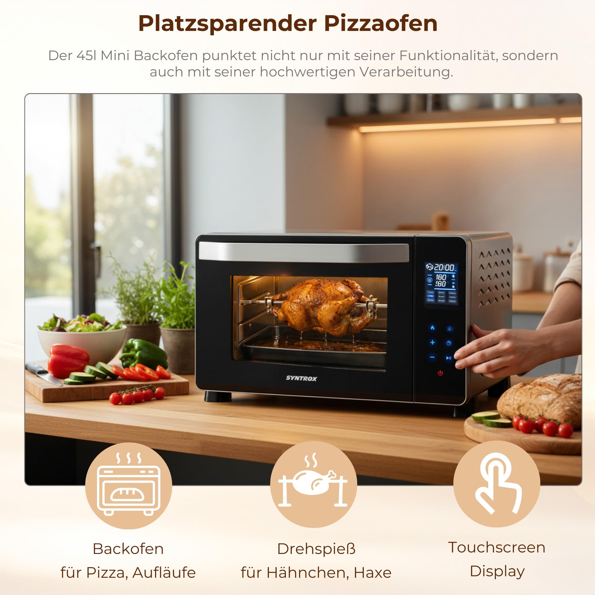 Syntrox Germany 45 l Kleiner Mini Backofen Montox | Miniofen | Pizzaofen | Pizzabackofen, inklusive Zubehör. 2000 Watt, integrierter Timer, für kleine Küchen