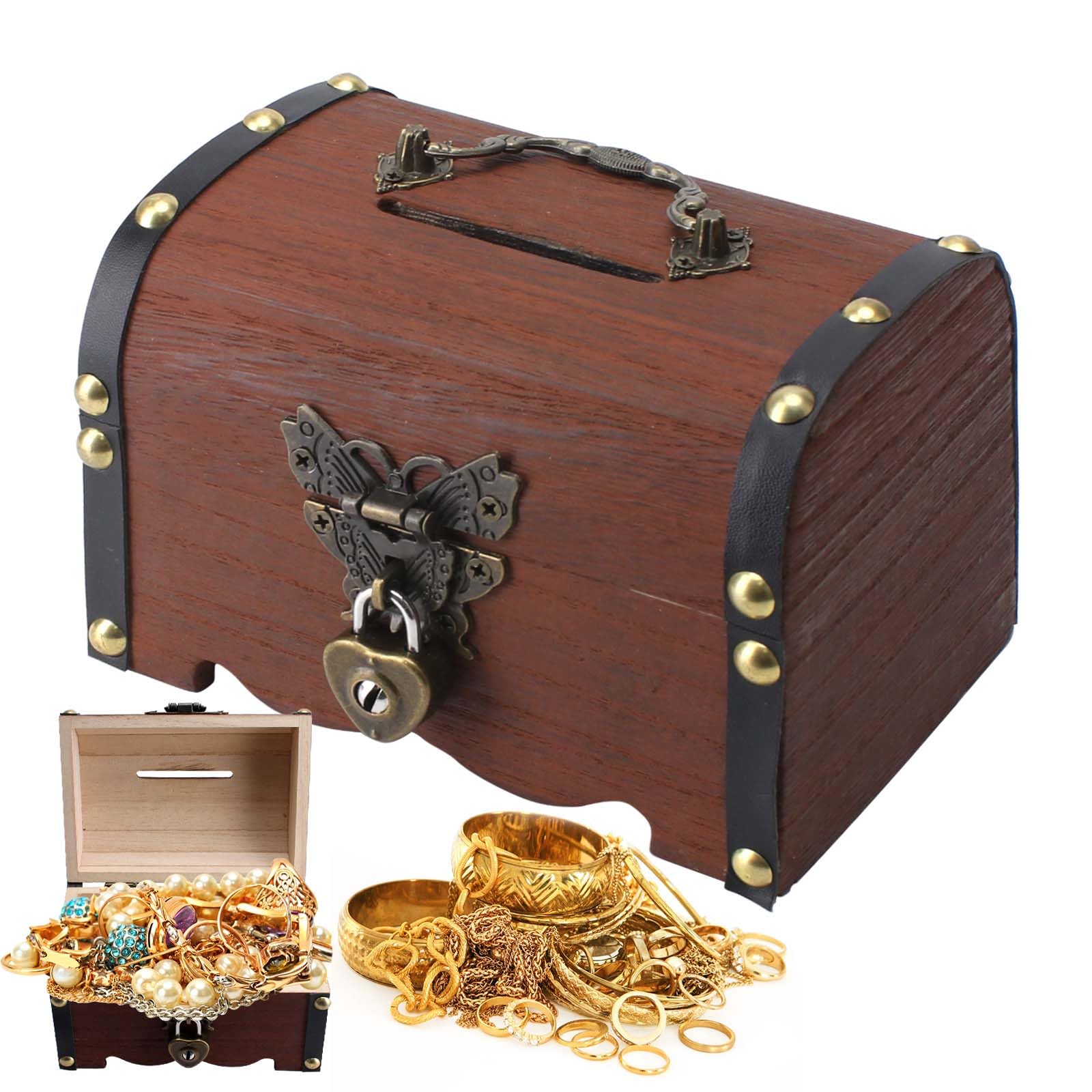 Scrigno Del Tesoro In Legno - Vintage Con Serratura, Mini Forziere Per Monete, Gioielli, Decorazione - Foto 5