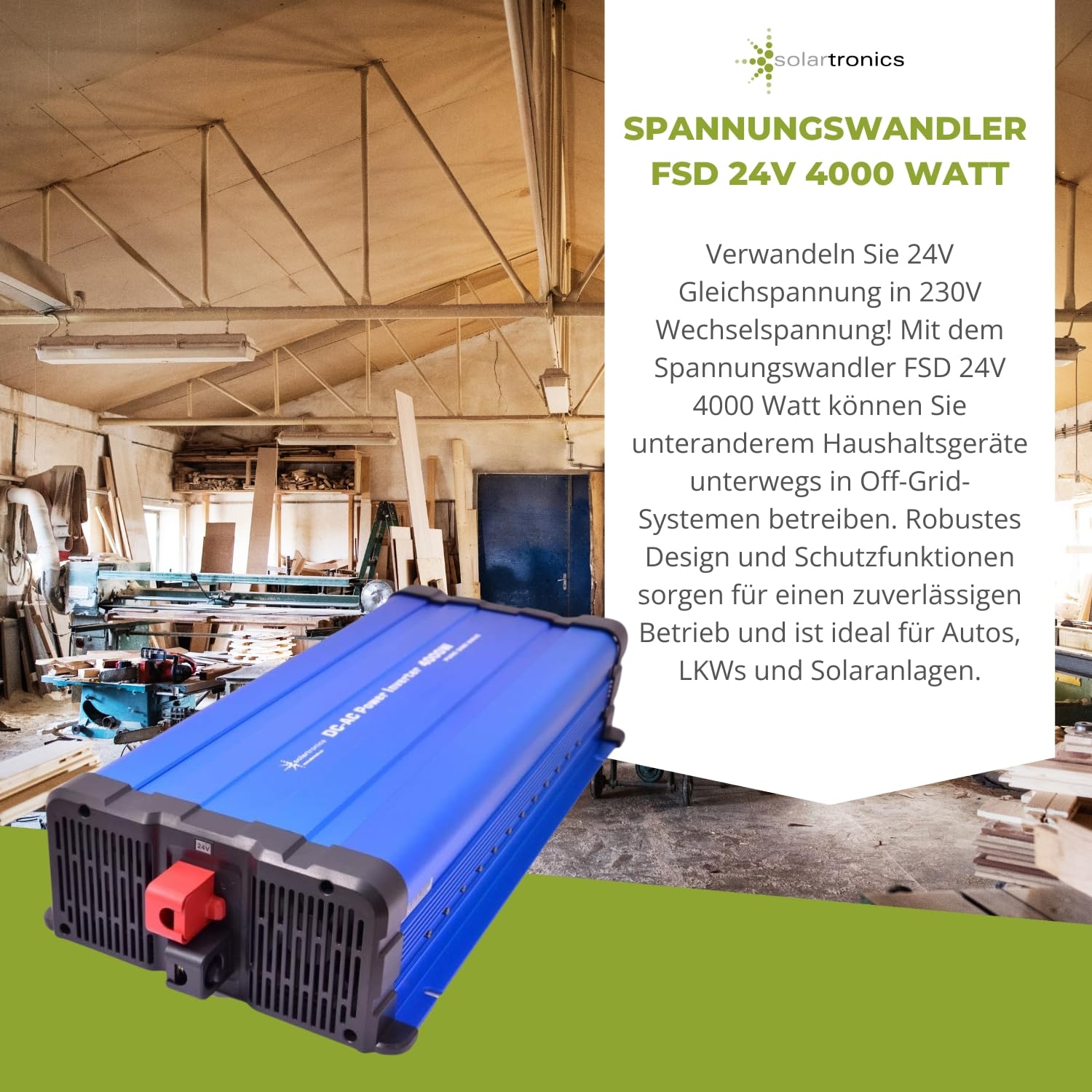 SOLARTRONICS FS4000D 24V Convertisseur de Tension 24V 230V Sinus Pur 4000W - 8000W Puissance de crête - Convertisseur de Courant 24V à 230V avec Prise Schuko & USB