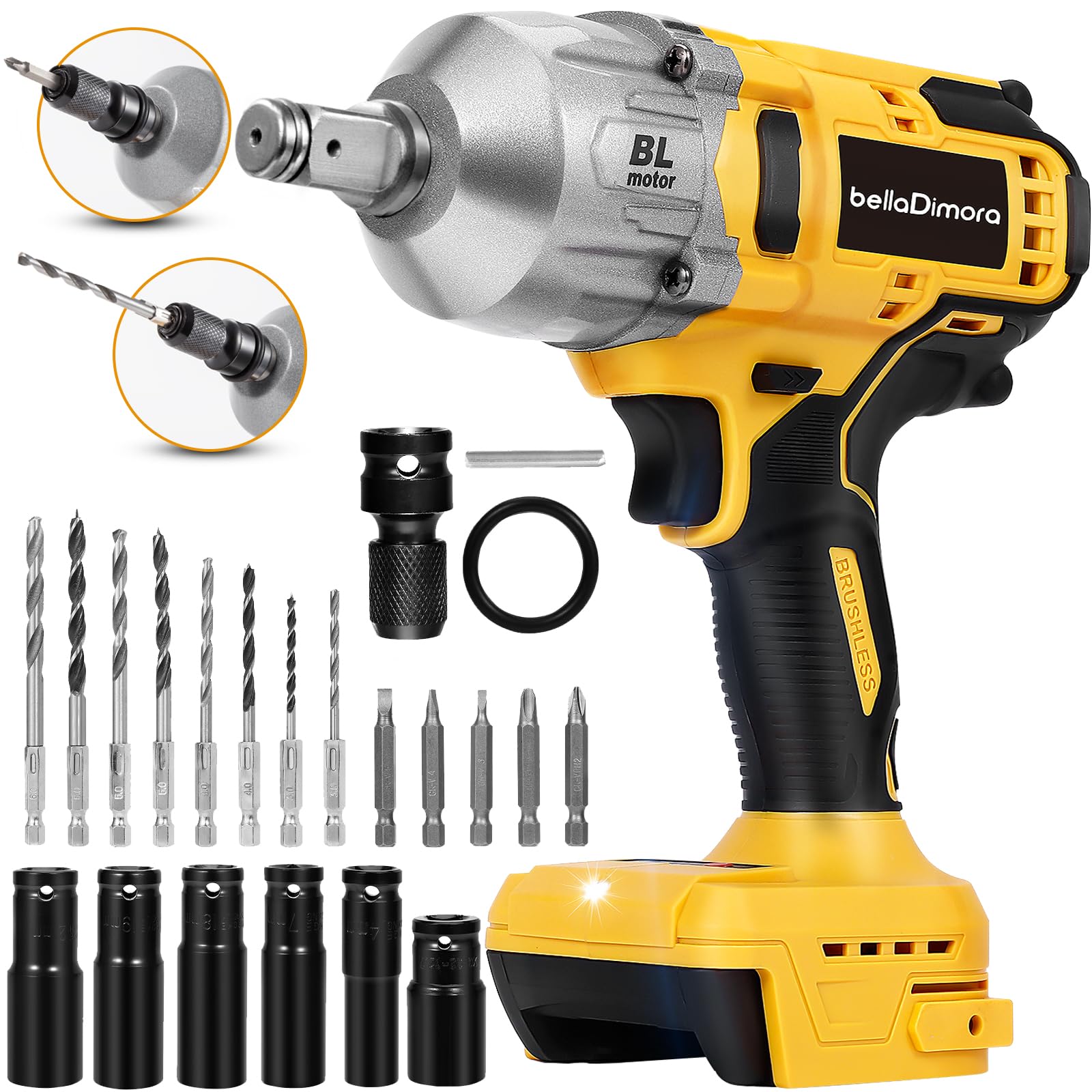 bellaDimora 3-in-1 Cordless Impact Wrench, 880N.m Brushless Motor DeWalt 20V Compatible, 32-PC Kit with Auto-Stop Reverse & LED Light for Vehicle