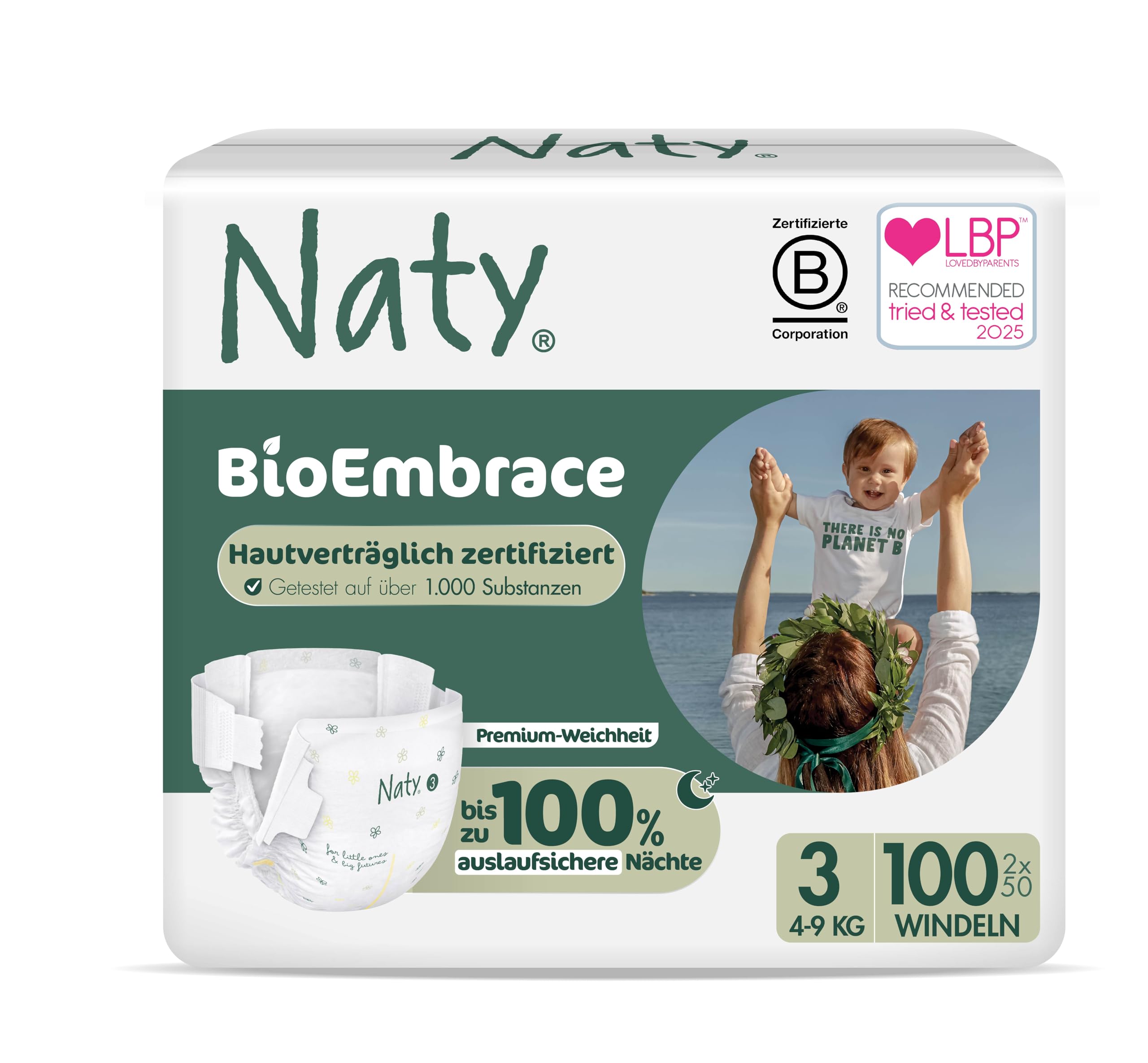 Naty BioEmbrace Baby Windeln | Zertifiziert hautfreundlich für empfindliche Haut | Bis zu 100% Auslaufschutz | Pflanzenbasiert & weicher Premium-Komfort | Chlorfrei | Größe 3 (4–9 kg), 100 Stück