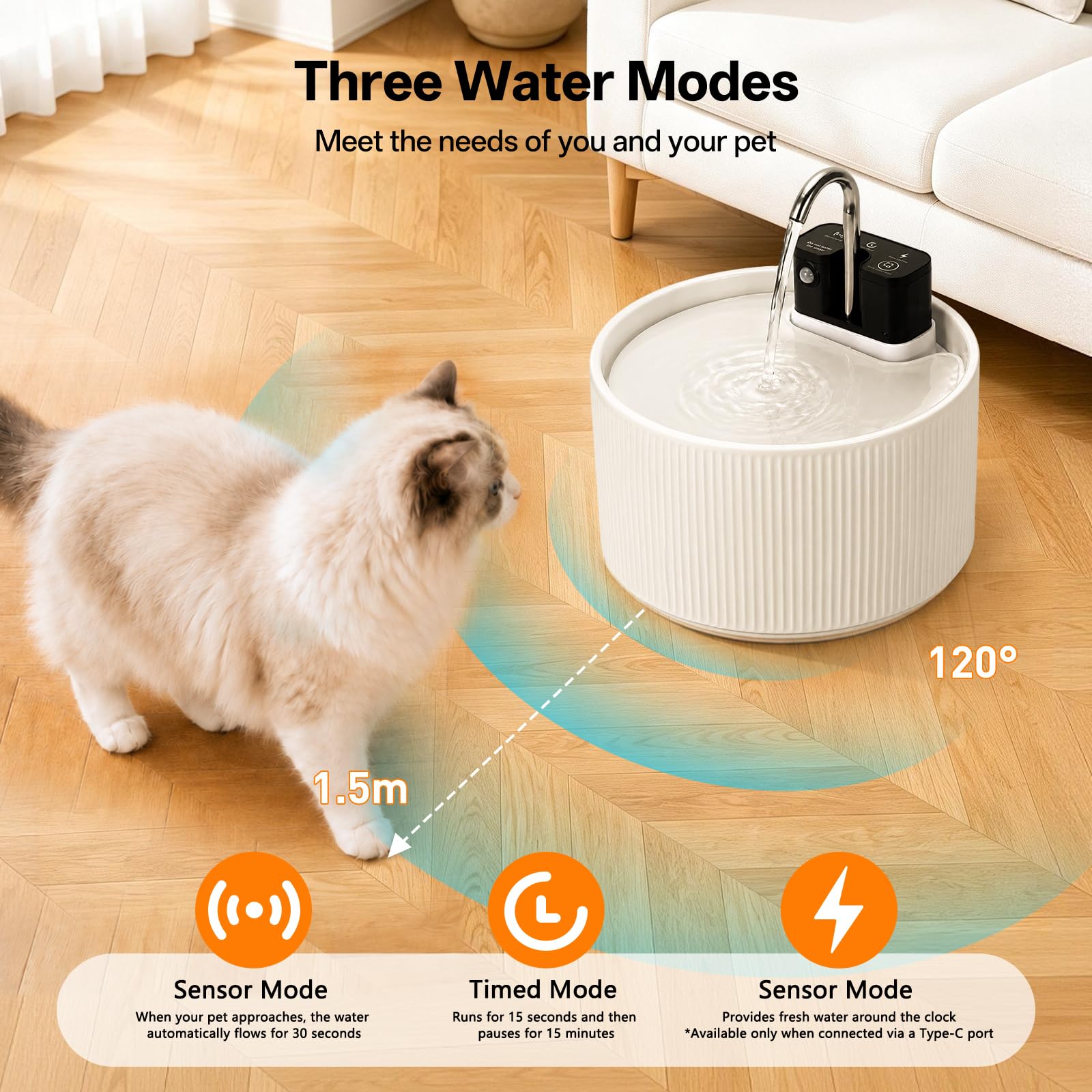 Fuente para gatos inalámbrica de cerámica, 2,2 L, fuente silenciosa para gatos, detector de movimiento, dispensador automático de agua para gatos y perros con sistema de filtro, batería de 4200 mAh