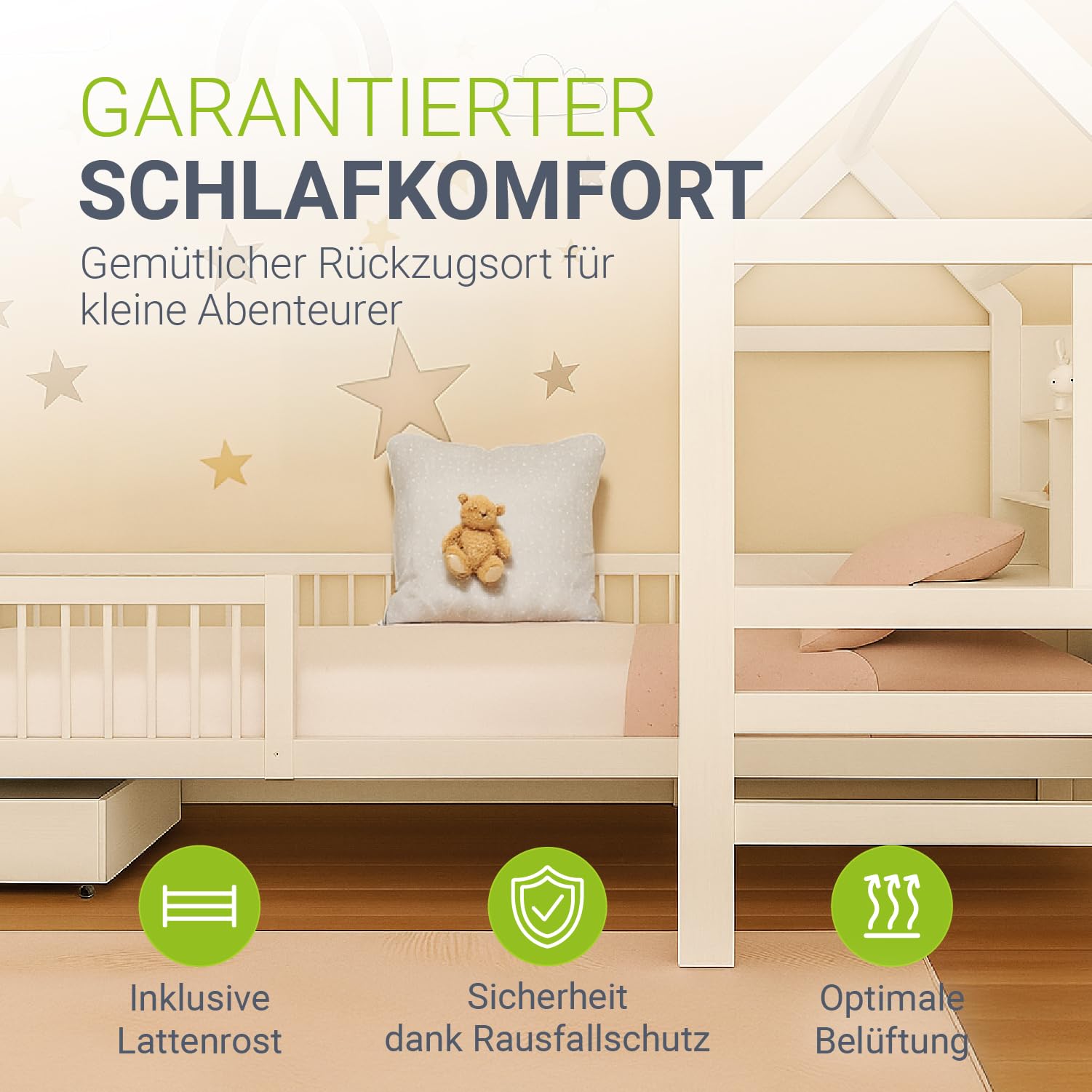 Juskys Kinderbett Yari 90x200 cm - Einzelbett mit Schreibtisch & Schublade, Kiefernholz & Langlebige Materialien, Verspieltes Haus-Design - Weiß