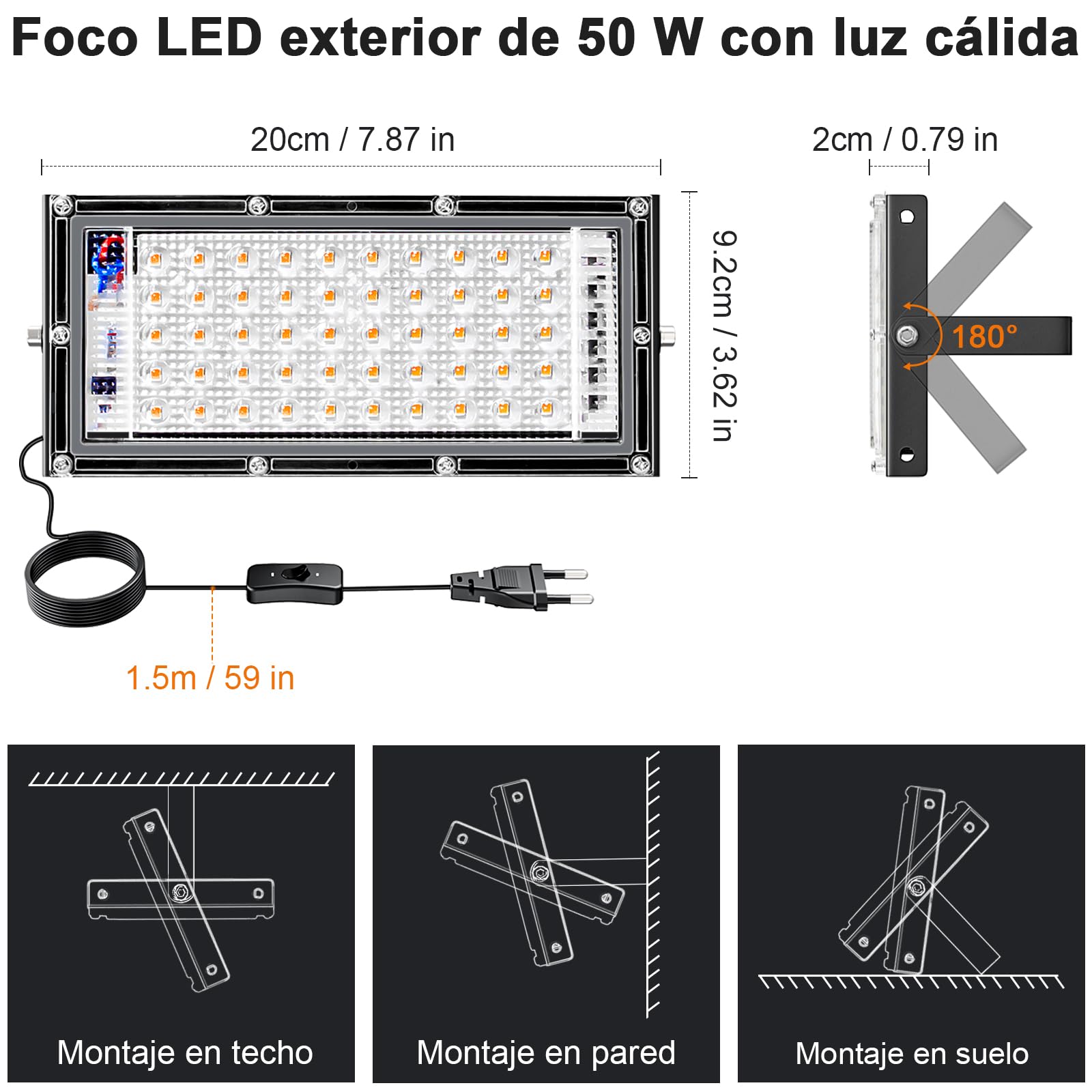 CREATESTAR Foco LED de 50W 2pcs, 3000K, Luz blanca cálida, Foco Led con Enchufe 5000lm IP65 Iluminación de Seguridad para Casa, Patio, Garaje, Terraza