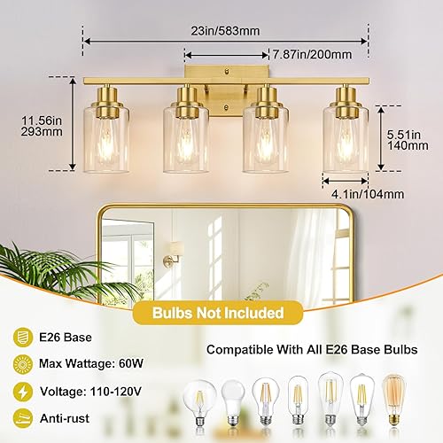Miniatura 31 de Lámparas de baño de 3 luces, luces de tocador de latón para baño con pantallas de vidrio transparente, modernos apliques de pared de baño