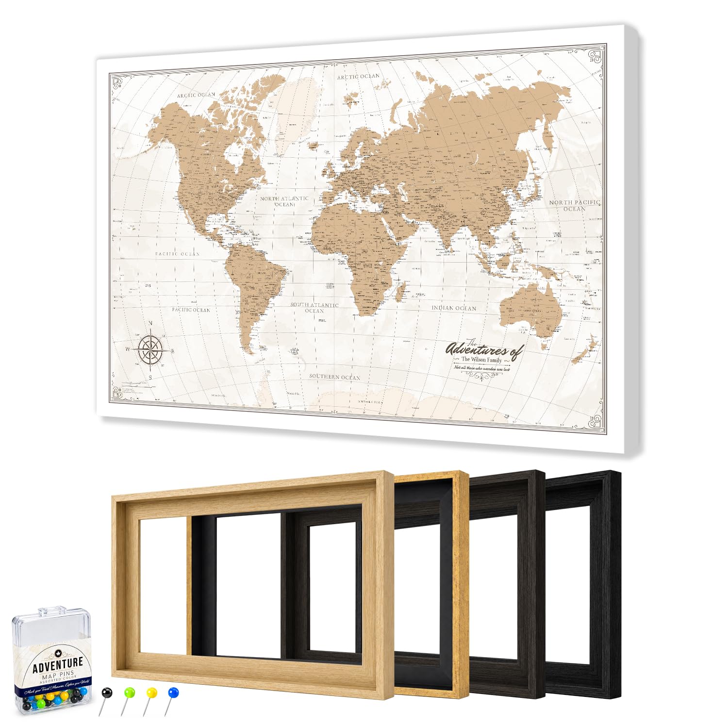 IPIC Personalized Vintage Framed World Map Pin Board, Image Size 42x28 in