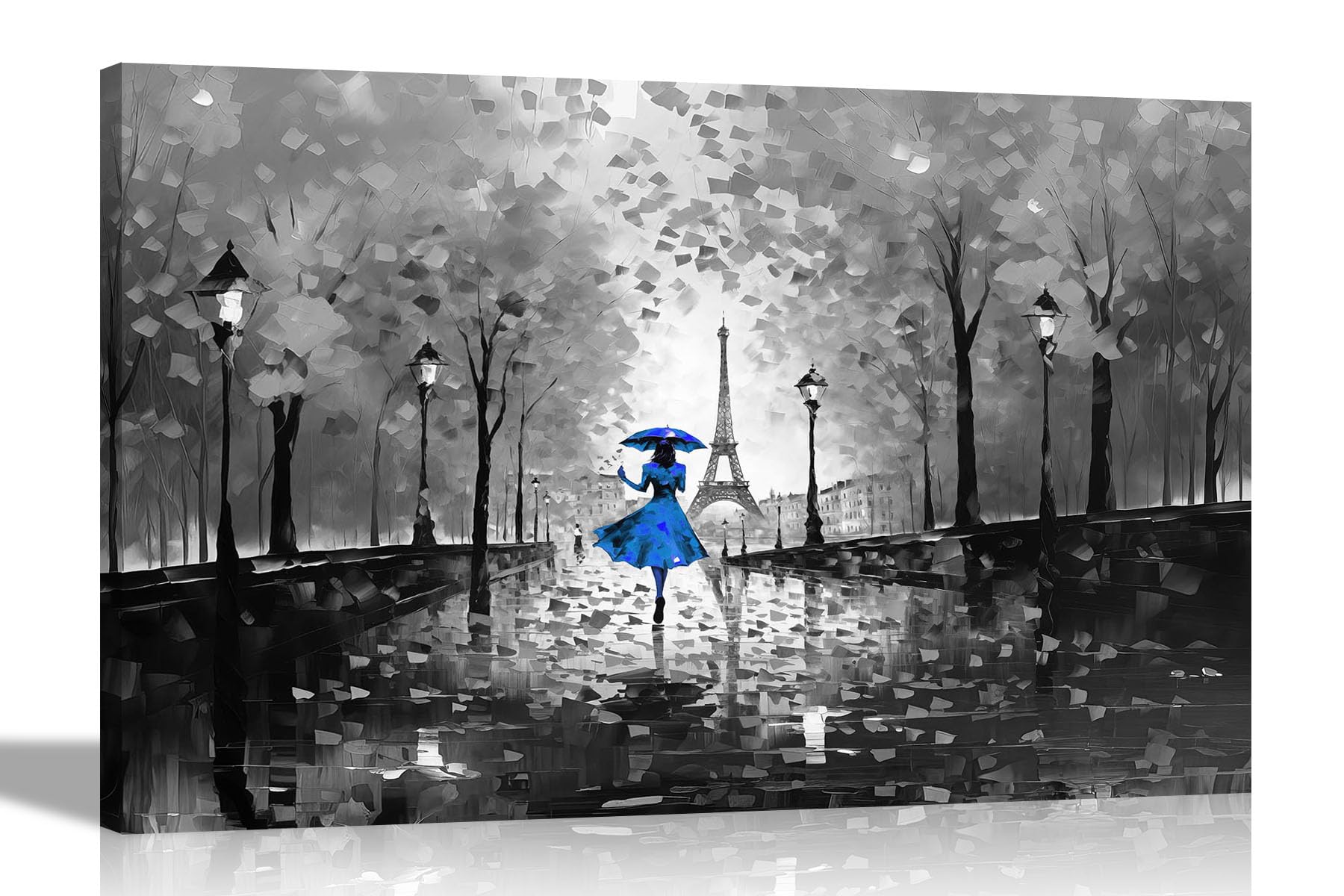Artley Prints Blue Black And White Black And White Autumn Stroll In Paris Blue Colourful Canvas Wall Art For Living Room | Abstract Pictures And Prints Ready To Hang 40 X 30Cm (16 X 12 Inches) A3