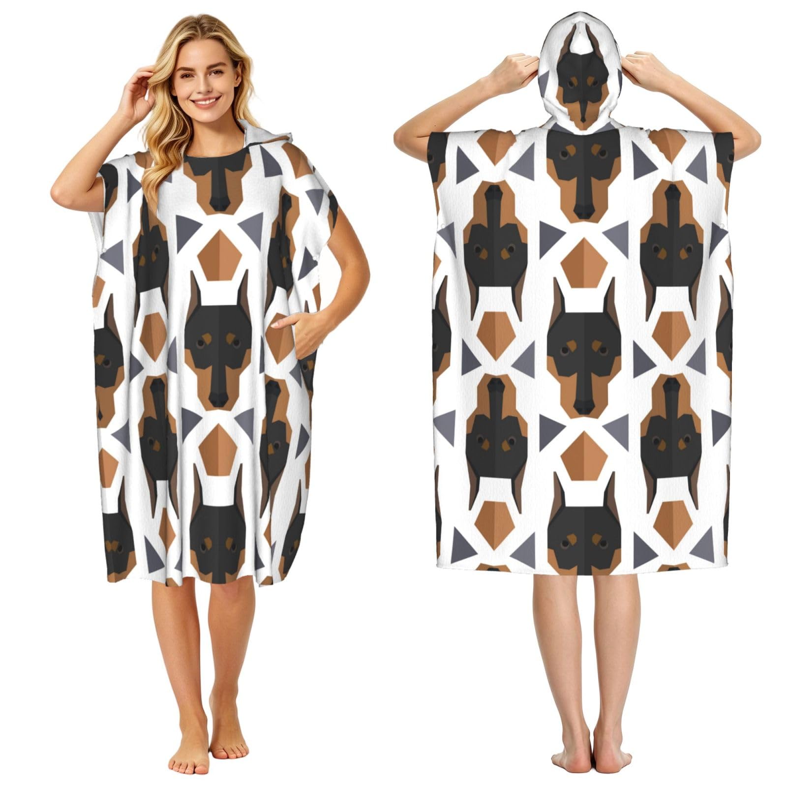 Poadnly Polygonal Pattern Doberman Head, Adult Hooded Beach Towel 90 x 110 cm,Changing Bath Robe, Surf Poncho Towel For Women Men