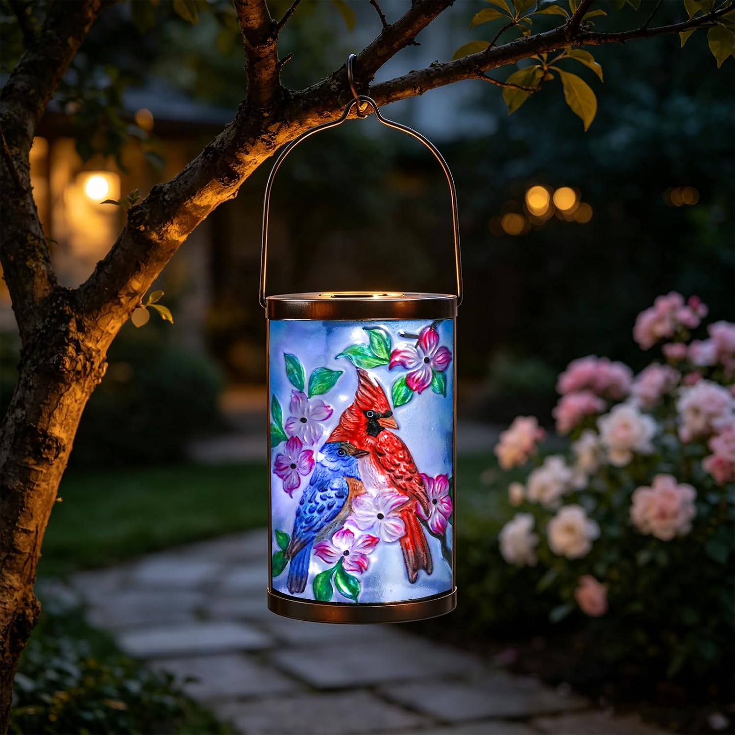 MUMTOP Cardinal Solar Lantern, Hanging Glass Outdoor Garden Light
