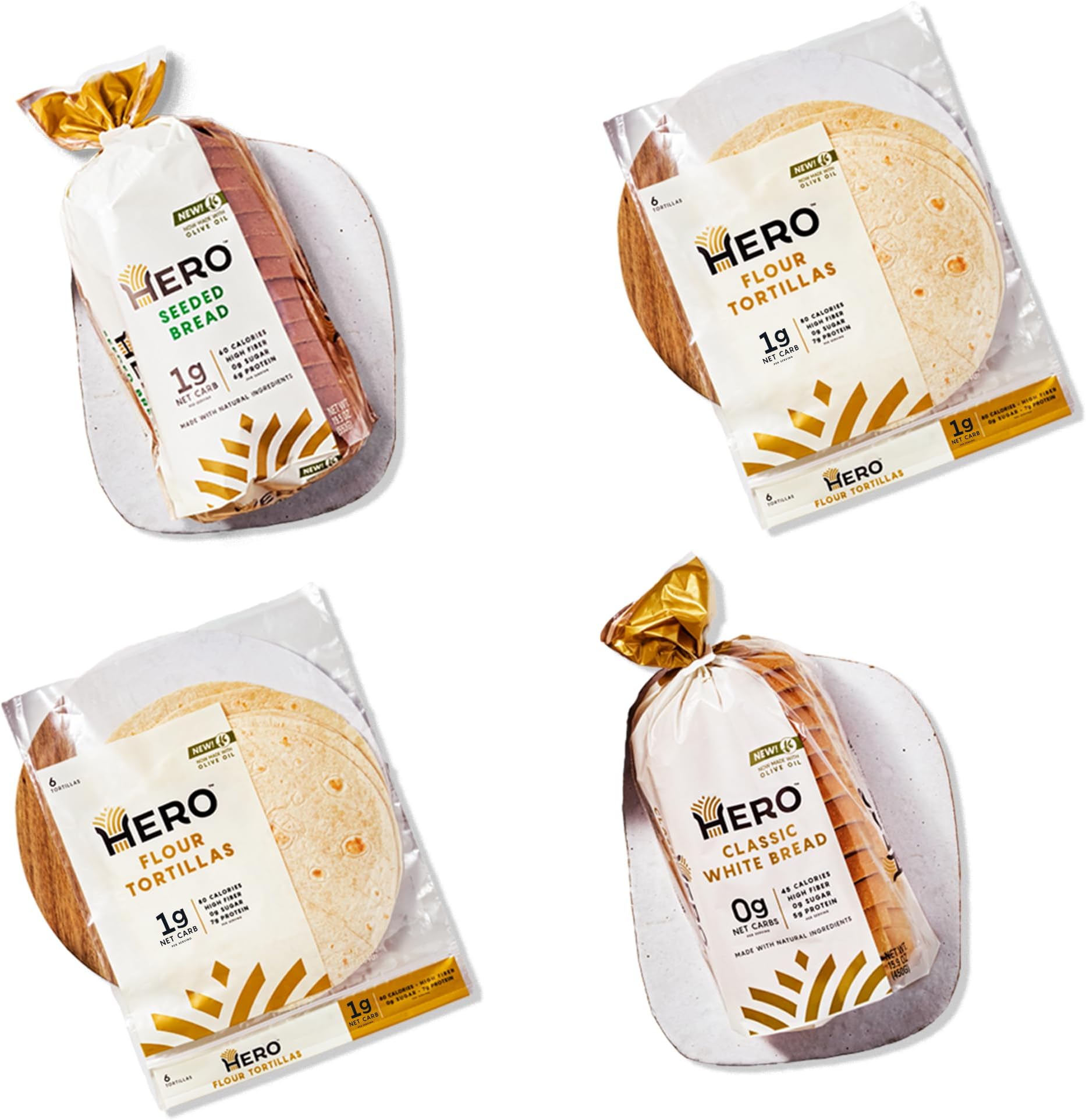 Hero Triple Threat Bundle — 1g Net Carb Seeded Sandwich Bread, 0g Net Carb White Bread, 0g Net Carb Flour Tortilla | 0g Sugar, High Fiber & <100 Calories per serving | Net Low Carb & Keto-Friendly