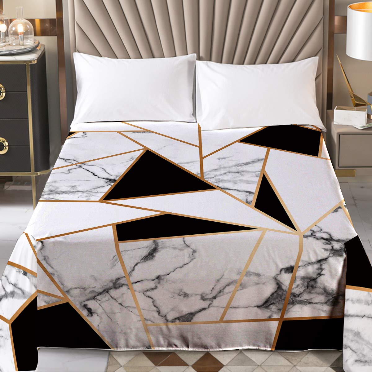 BlessLiving Modern Bedding Flat Sheets for Men, Black and White Marbled Printed Bedding Top Sheet, Wrinkle, Fade, Stain Resistant, 1-Piece, Fashion Women Gifts (Full)