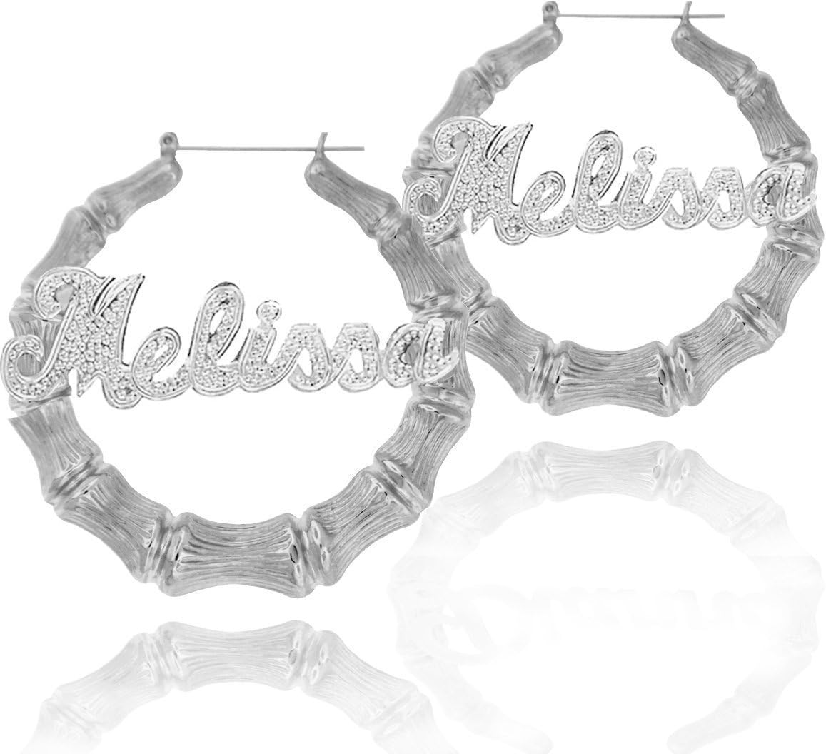 Large Bamboo Name Earrings with Diamond Beading.