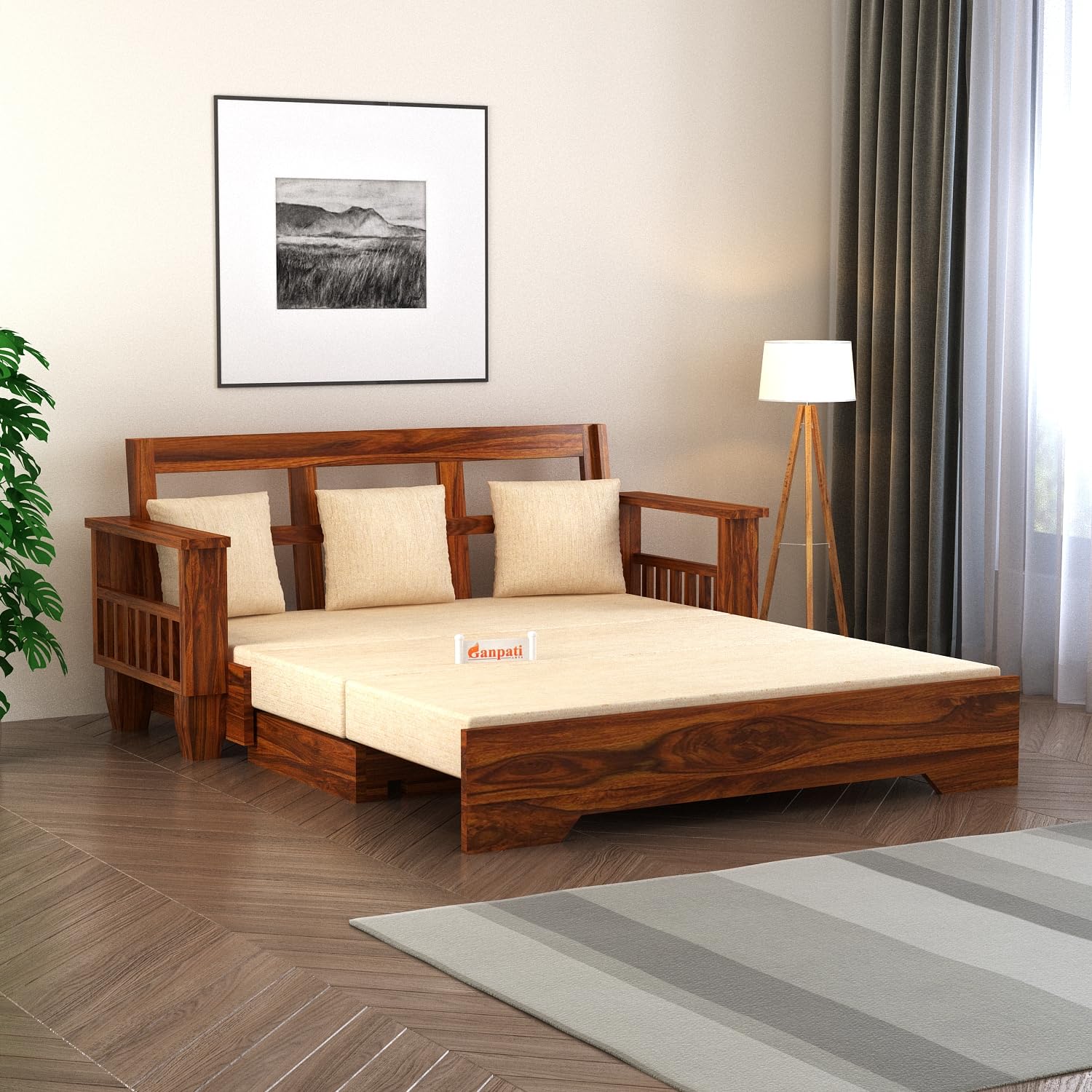 Ganpati Arts Sheesham Wood 3 Seater Sofa Cum Bed with Side Pocket for Living Room Bed Room Wooden Bedroom Furniture for Home (Natural Finish)