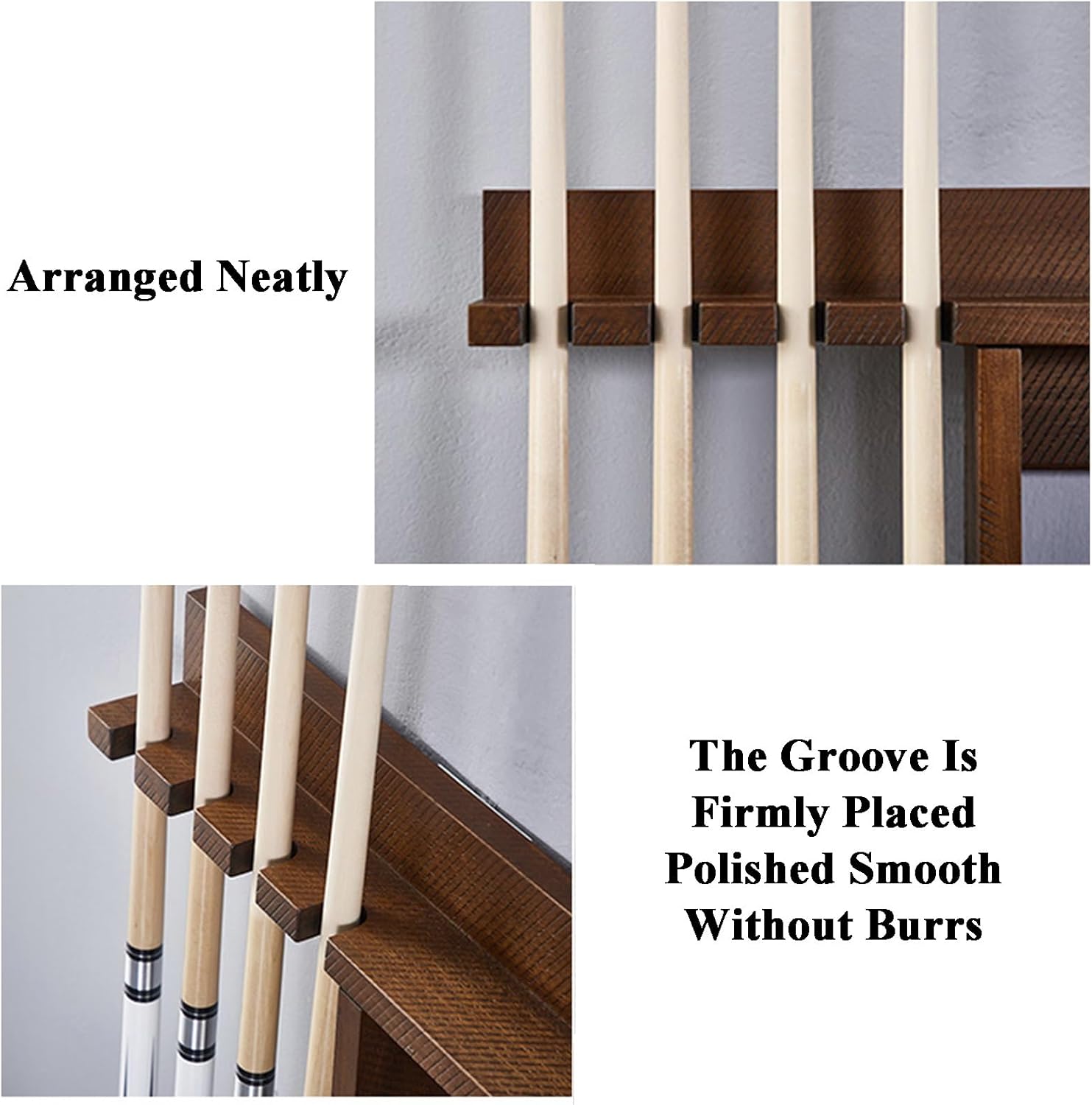 Wall-mounted Billiard Cue Rack Hold 8 Cues,solid Wood Pool Cue Stick Holder,Easy to Assemble,for Game Room Clubs and Bars