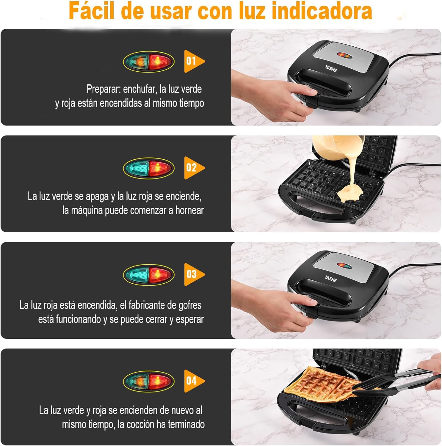 YASHE Gofrera Eléctrica, Maquina de Gofres Antiadherente, 750W, Temperatura Automática, Luces indicadoras, 2 Gofres Belgas, Negro