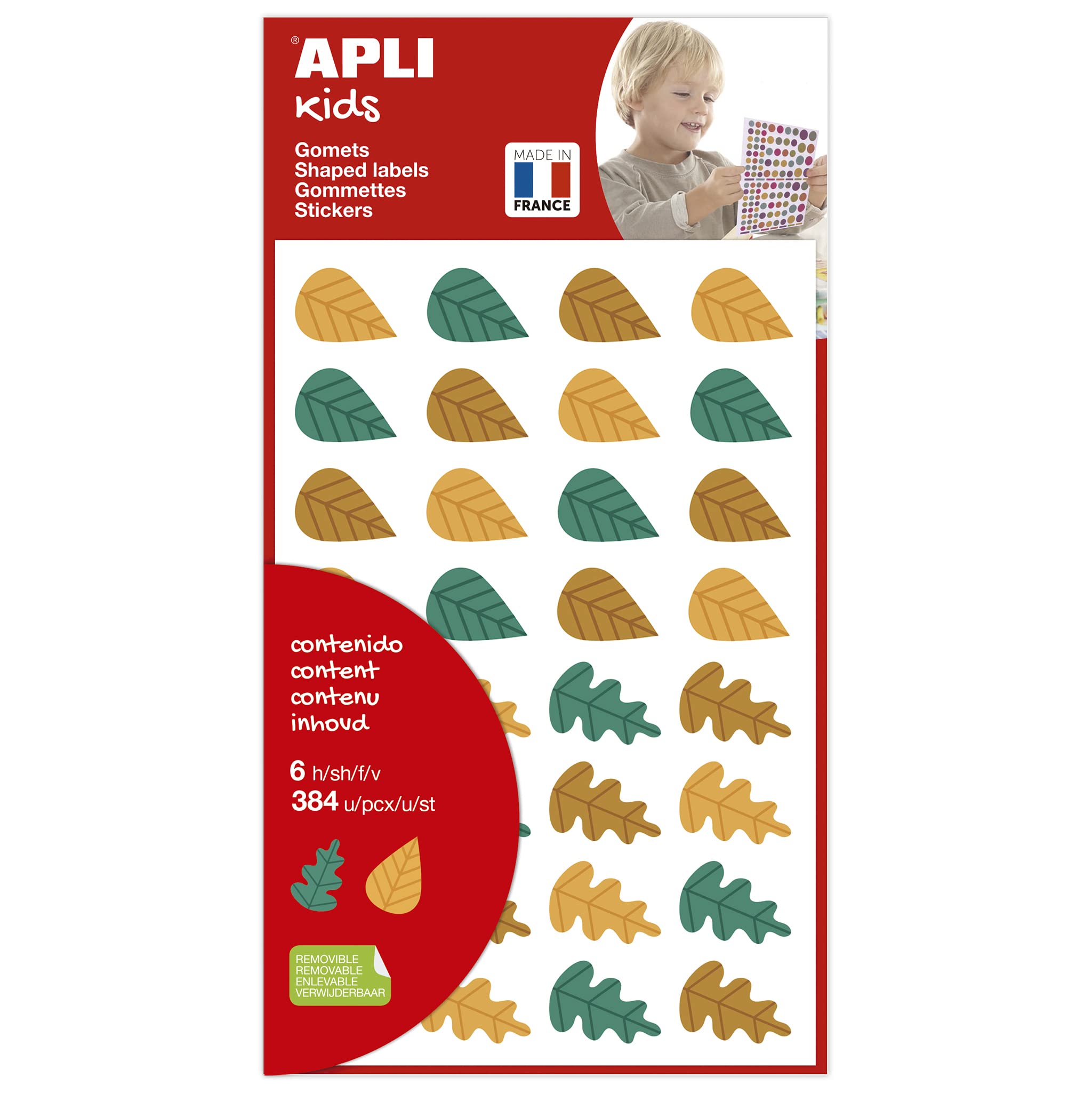 APLI Kids 19472 - Pegatinas hojas de árboles de otoño, 6 hojas de gomets, 2 formas de hoja en 3 -colores verde, naranja y marrón- stikers de adhesivo removible