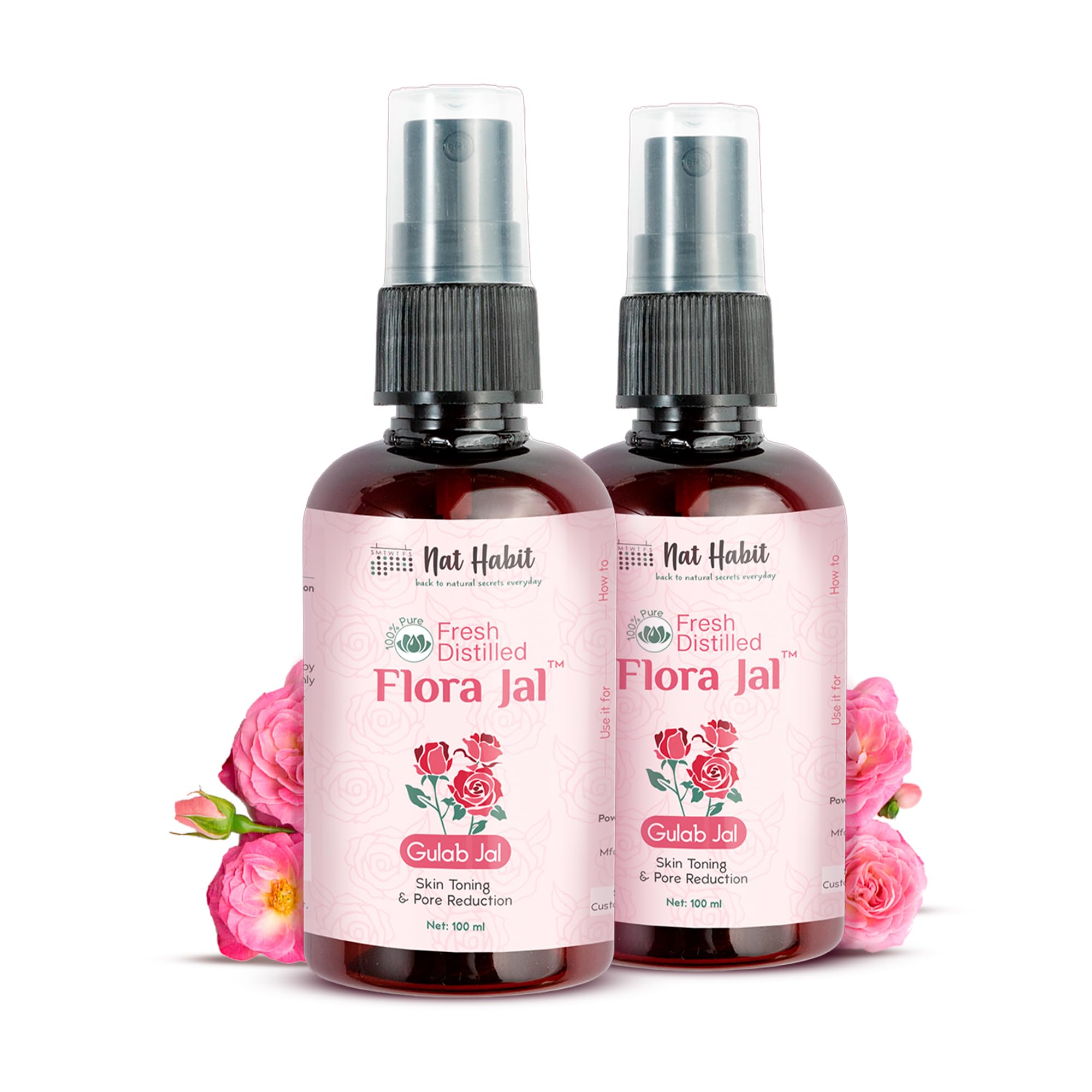 Nat Habit - 100% Pure Gulab Jal - Rose Water - Toner, Face-Mist, Astringent & Face Spray - Ayurvedic, Steam-Distilled For Oil-Control, Acne-Control, Skin Hydration (Pack of 2, 100 ml)