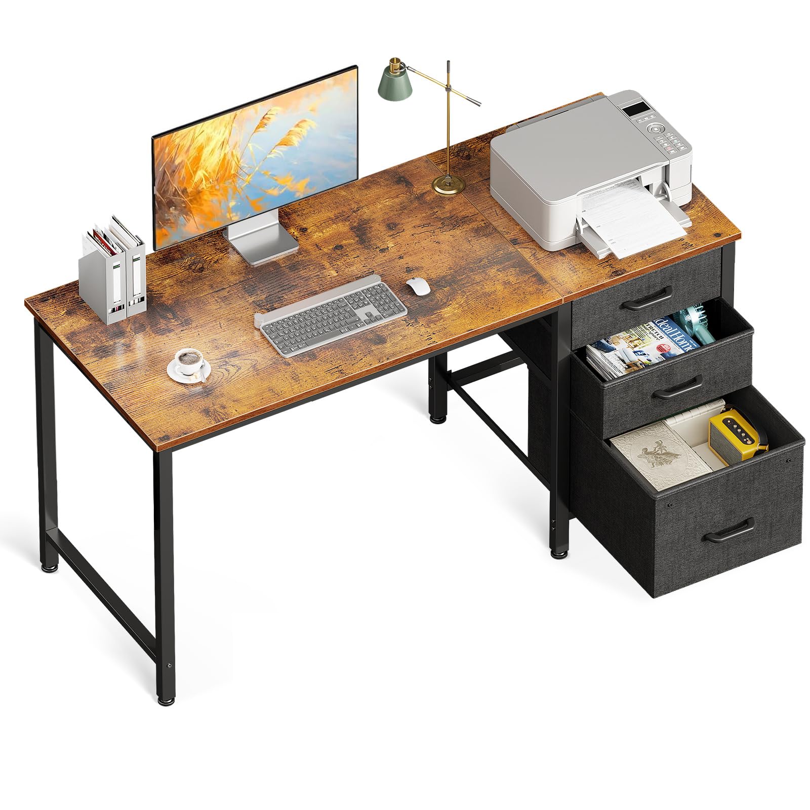 Coleshome Computer Desk with Drawers, 120×48cm Office Desk with Storage, Reversible Small Desks for Home Office, Vintage Brown — image 1