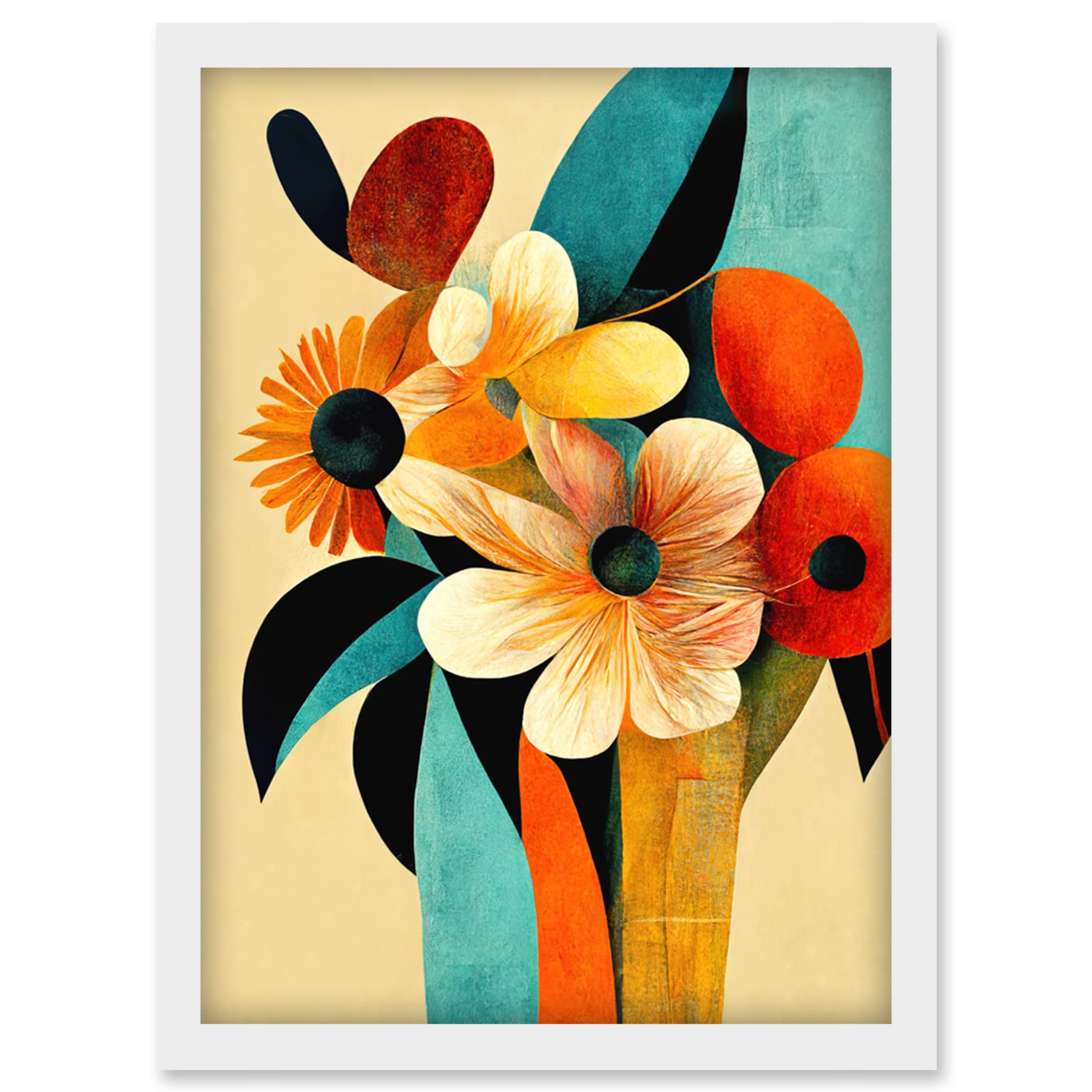 Doppelganger33 LTD Vibrant Modern Abstract Oil Painting Summer Flower Bouquet Teal Orange Artwork Framed Wall Art Print A4