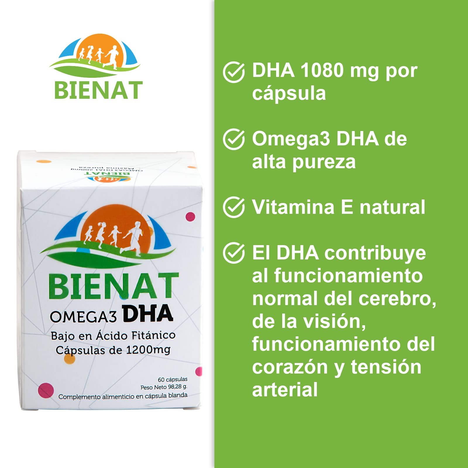 Bienat Omega 3 DHA 1200mg 60 Cápsulas Blandas – Omega 3 1200mg por cápsula – DHA 1080mg por Cápsula con 85% de Pureza – Vitamina E Natural (60 Cápsulas)