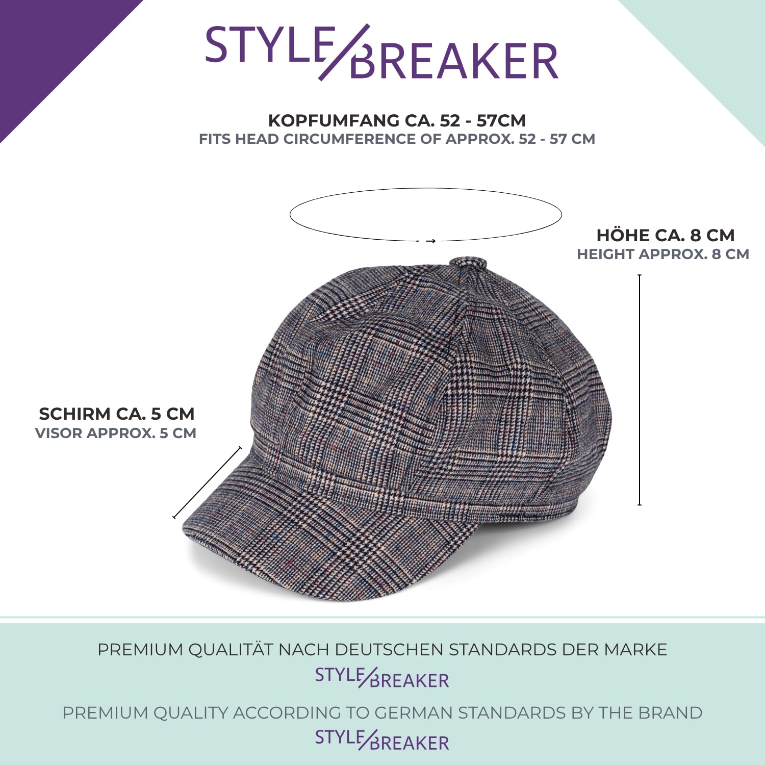 styleBREAKER Casquette Gavroche pour Femmes avec Un Motif à Carreaux Prince-de-Galles, Casquette de Marin, Casquette Traditionnelle 04023068