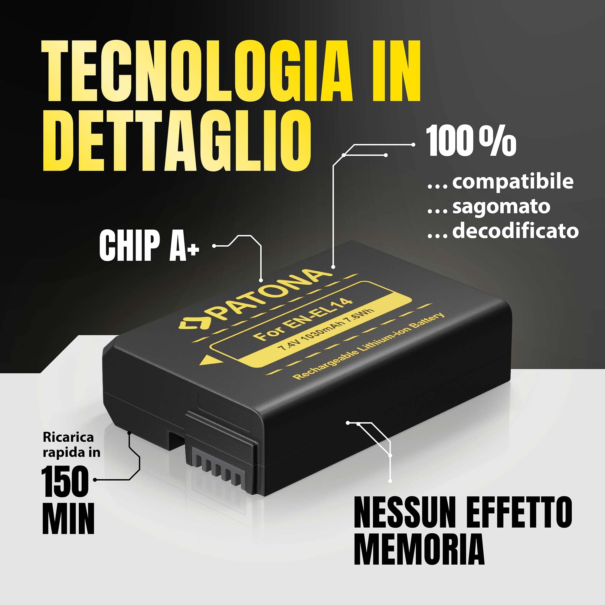 PATONA 2x EN-EL14 Batteria 1030mAh compatibile con Nikon Coolpix P7000 P7100 P7700 P7800 D3100 D3200 D3300 D3400 D3500 D5100 D5200 D5300 D5500 D5600 5600 Df ENEL14 EN EL14 EN EL 14 EN-EL14a