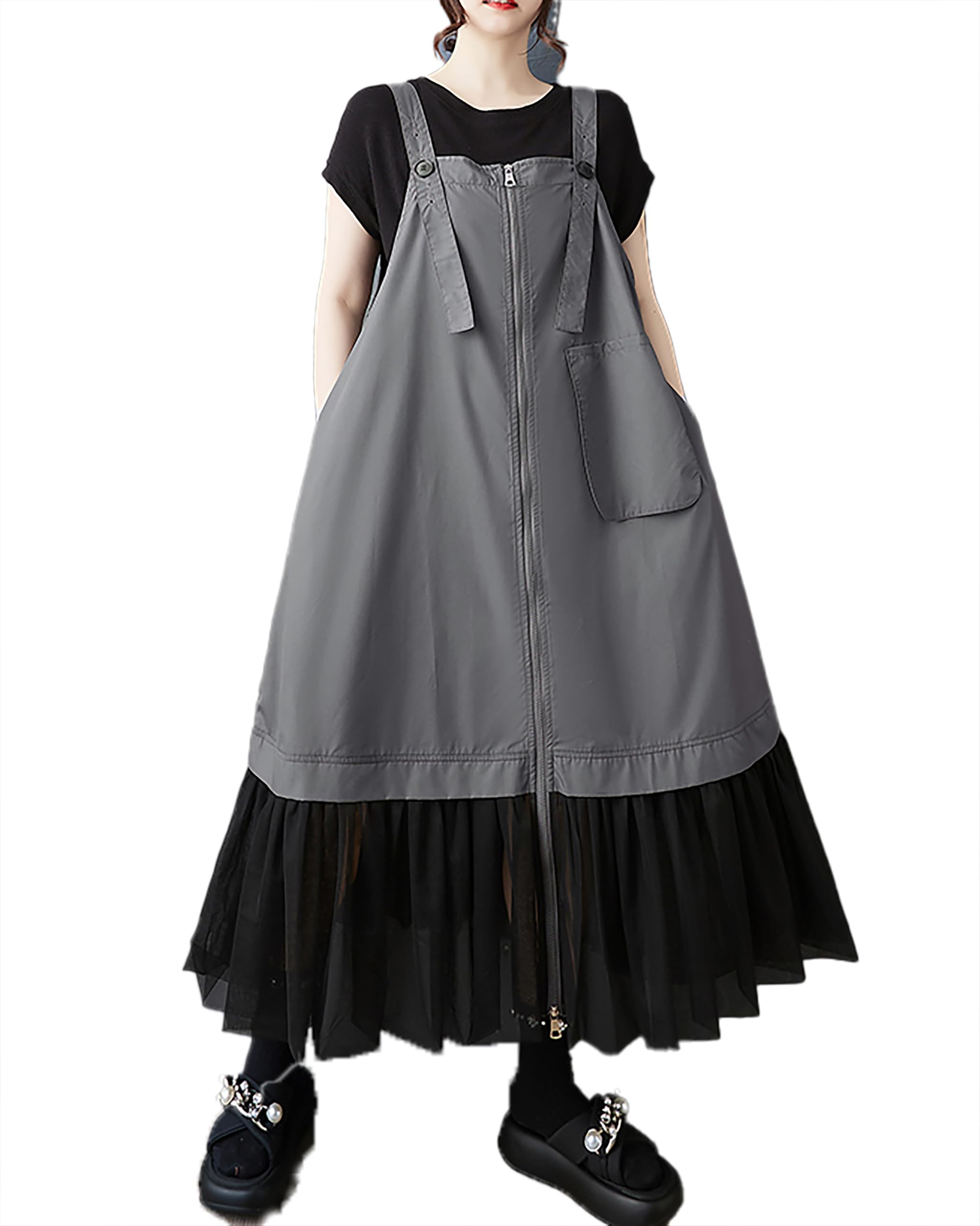ellazhu Womens Pants Overalls Solid Zip UP Two Side Pockets Tulle Hem Fashion Casual Plus Size Maxi GZ552