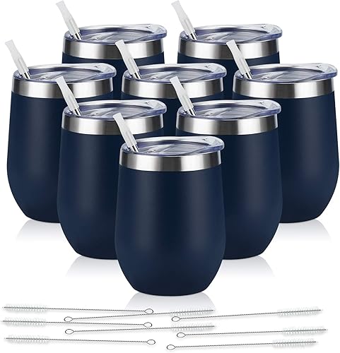 Vaso de vino de acero inoxidable de 12 oz, doble pared con aislamiento al vacío con tapa y pajita, vaso de vino sin tallo de acero inoxidable para