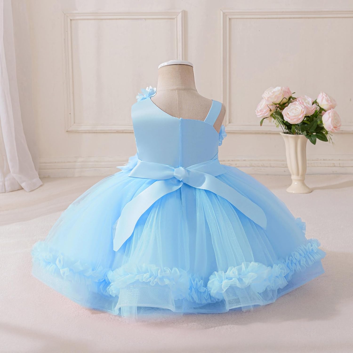 IBTOM CASTLE Infant Baby Flower Girl Dress Asymmetric Shoulder 3D Flowers Toddler Wedding Birthday Party Pageant Tutu Dresses