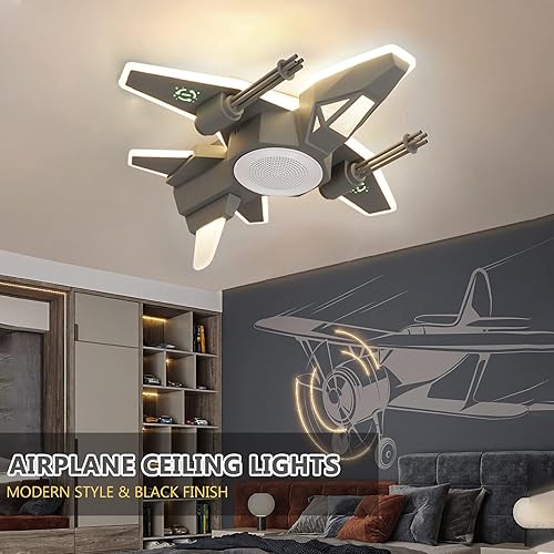 Miniatura 2 de Lámpara de techo para niños con forma de avión de dibujos animados, color gris, con pantalla acrílica, lámpara de montaje empotrado para habitación