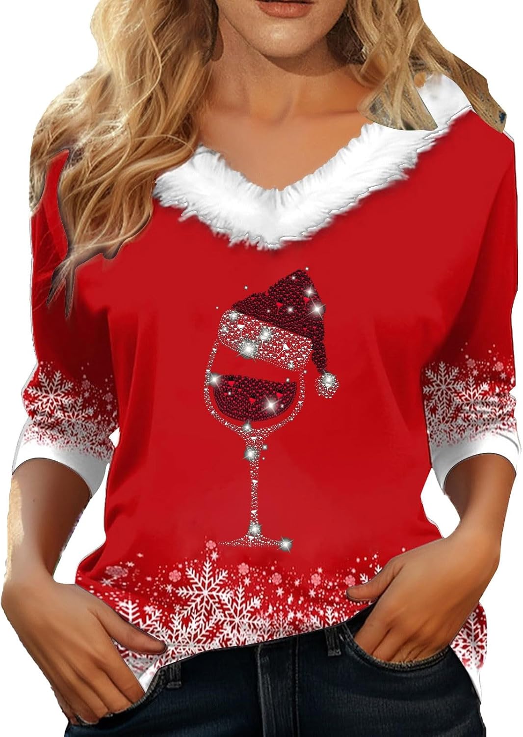 Pull De Noël Femme – Manches Longues, Col V Avec Fourrure, Motifs Festifs (flocons, Rennes, Sapins), Style Moche-chic Lumineux