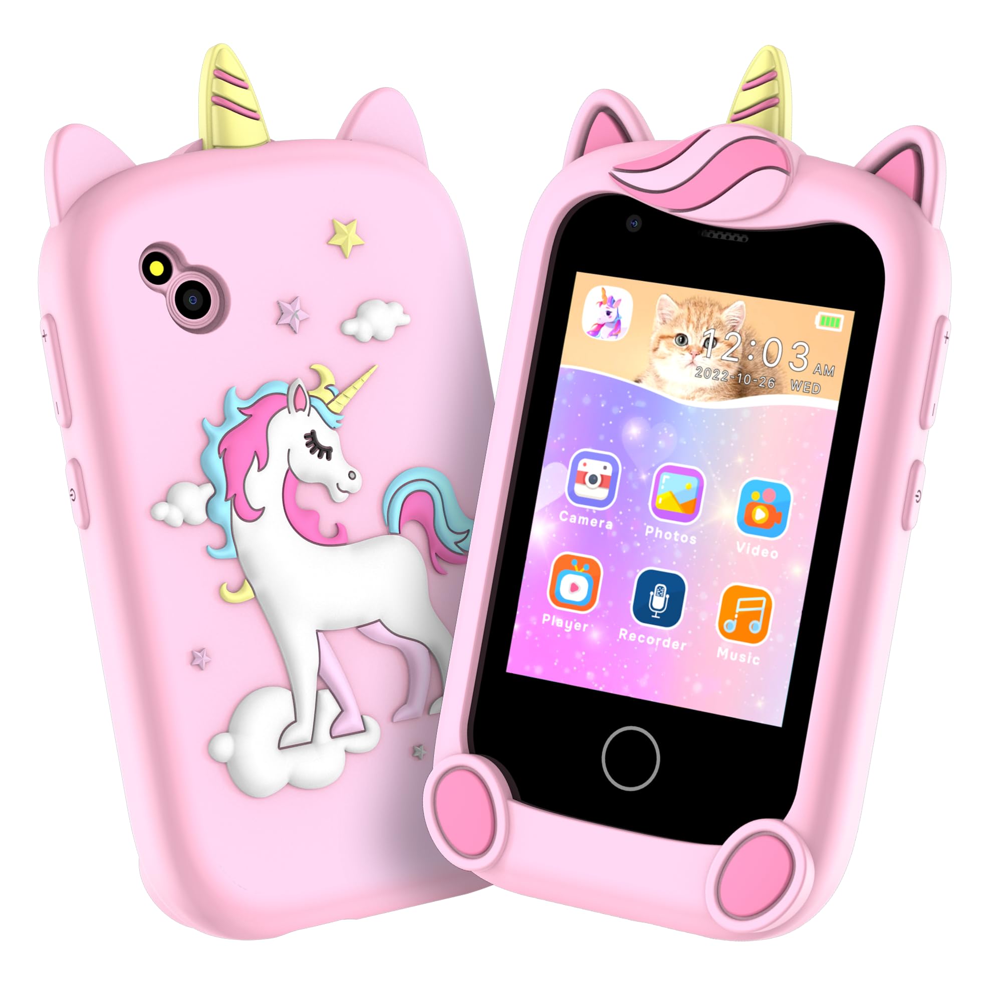 Kids Phone, 2.8" HD Display, 5 Languages Story Books, Educational Games, Drawing, Pet Care, Recording, Camera, Music, Flashlight, Alarm - Gift for Ages 3-12 (Pink)