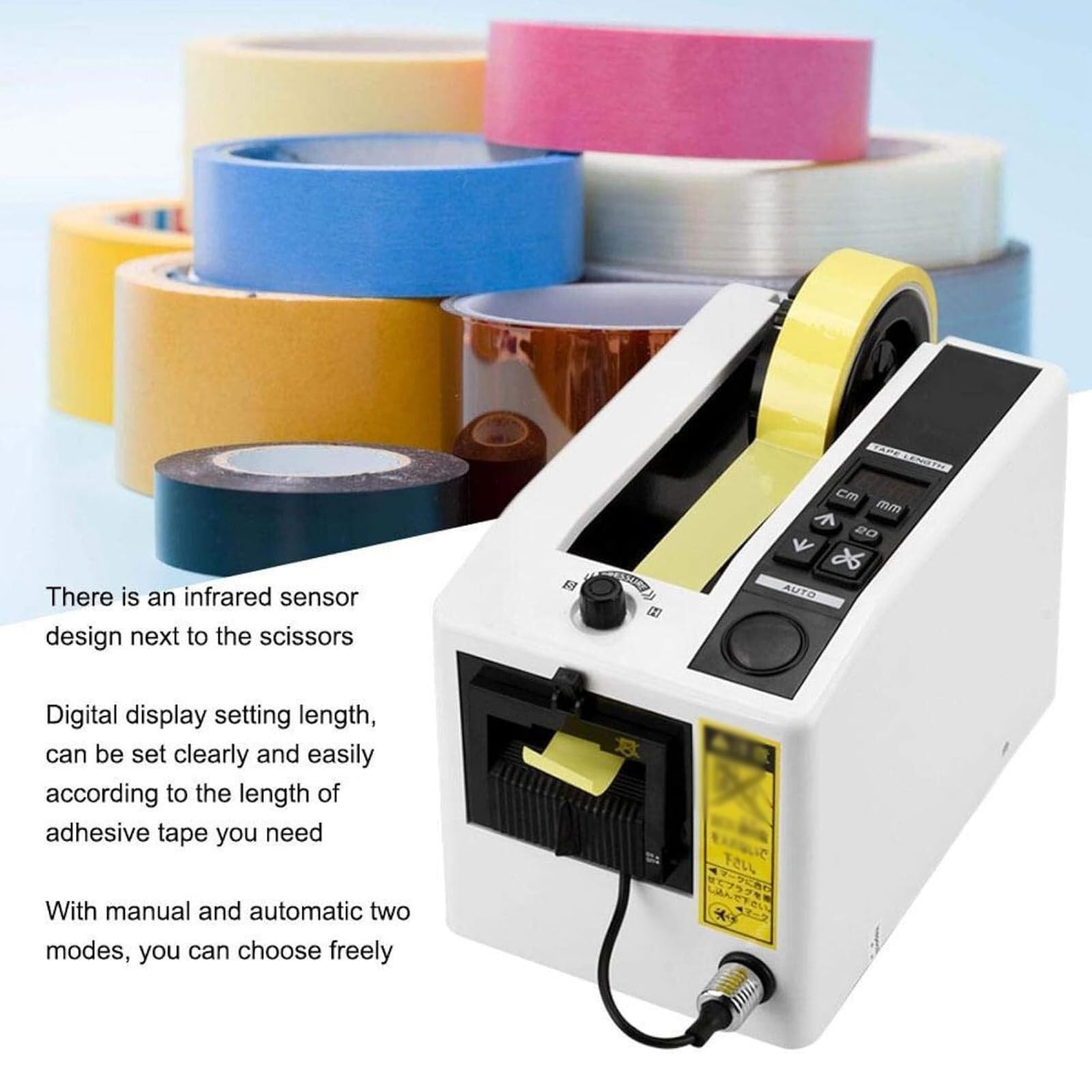 Dispensador de Cinta eléctrico con Sensor automático, presión Ajustable, Pantalla Digital, Longitud de Corte de 20 a 999 mm, Ancho de 7 a 50 mm: Ideal para Envolver y embalar