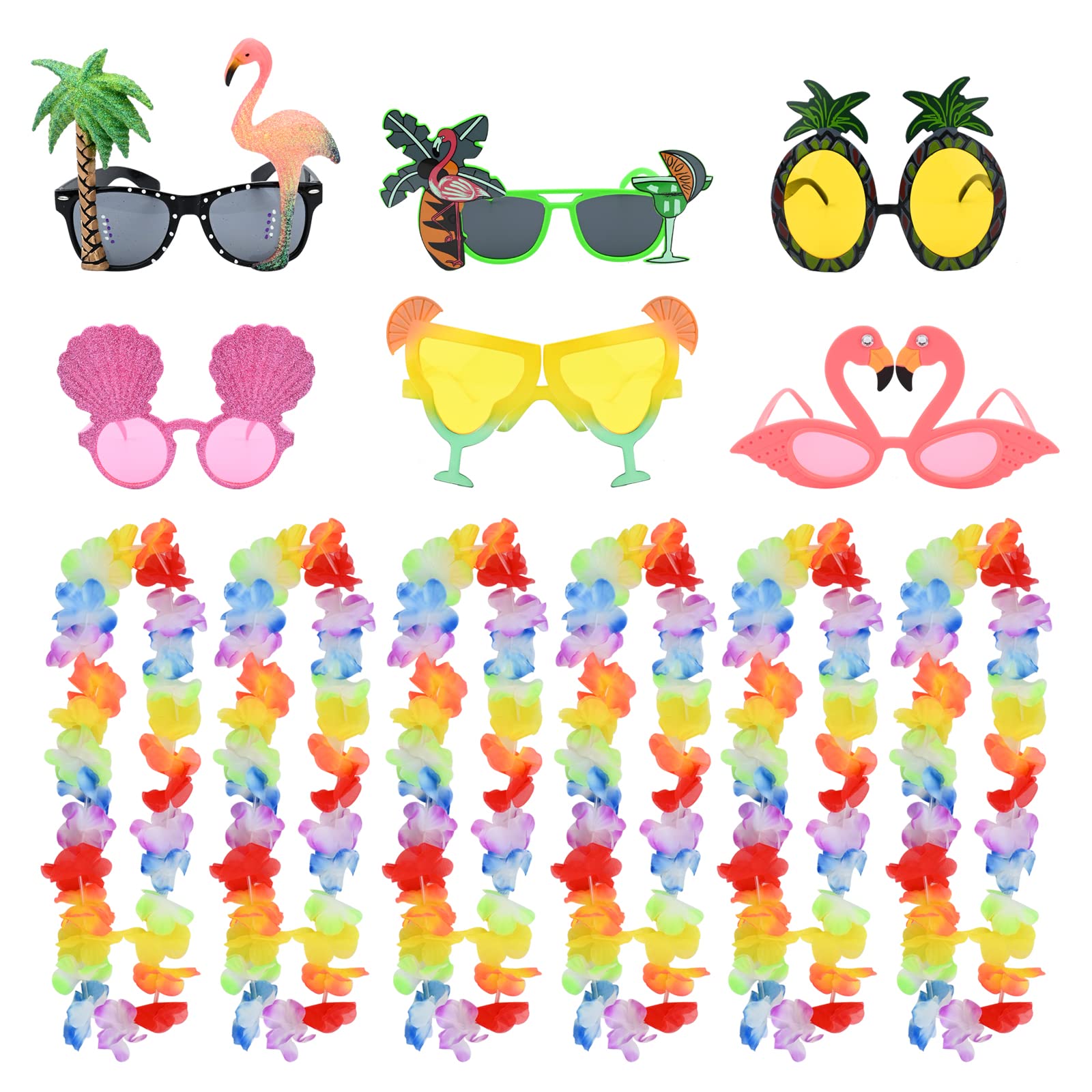 Gukasxi 12 Pcs Hawaiian Leis Garlands and Funny Party Sunglasses, Hawaiian Fancy Lei Necklace Wreath Hawaiian Hula Costume Dress Party Supplies for Women Men Kids Summer Beach Hawaii Party Decoration
