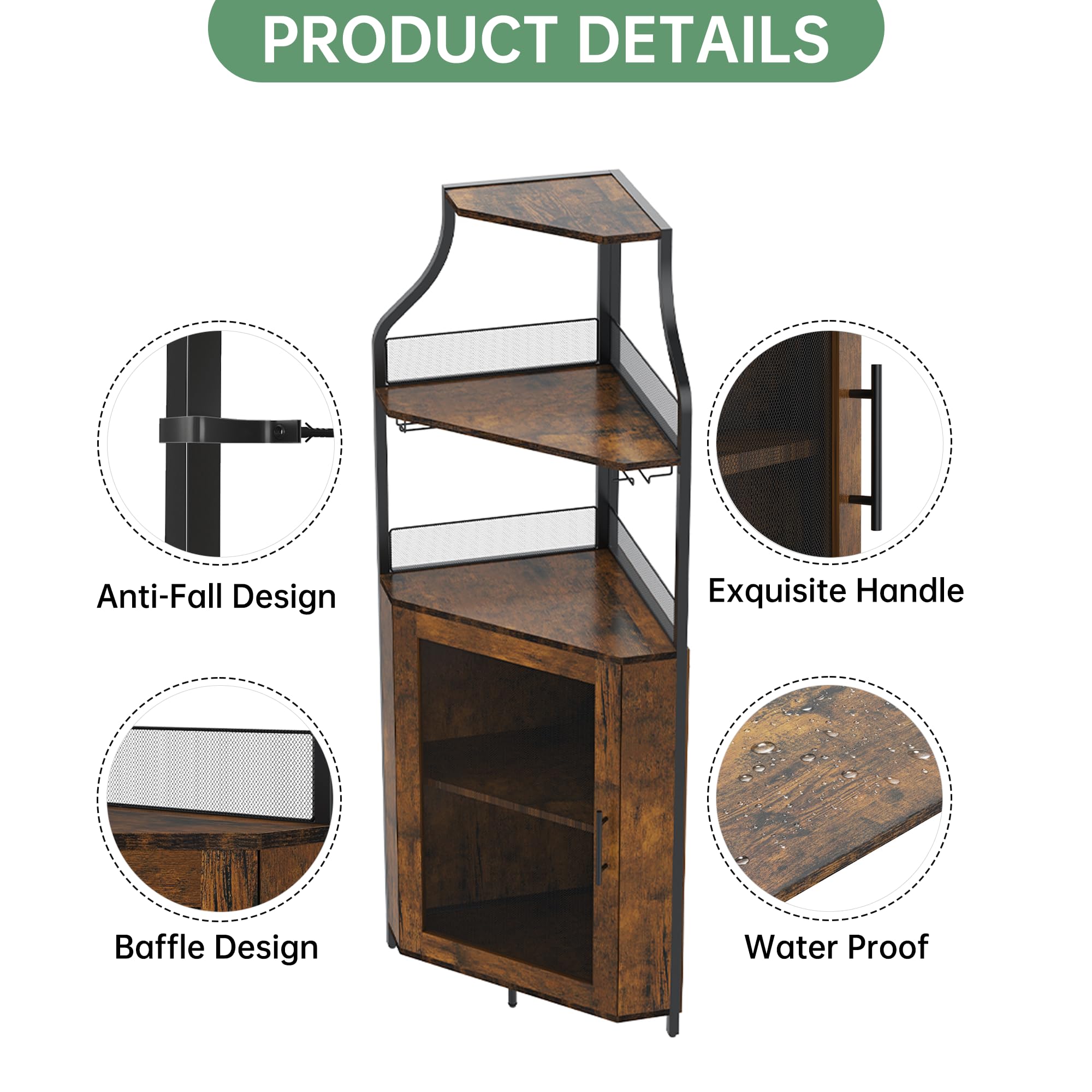 Garvee Armario de Vino Esquinero con Luces LED, Mueble Bar Industrial de 5 Niveles con Botellero y Porta Copas, Estantería para Vinos con Puerta de Malla para Salón y Comedor, Marrón Rústico