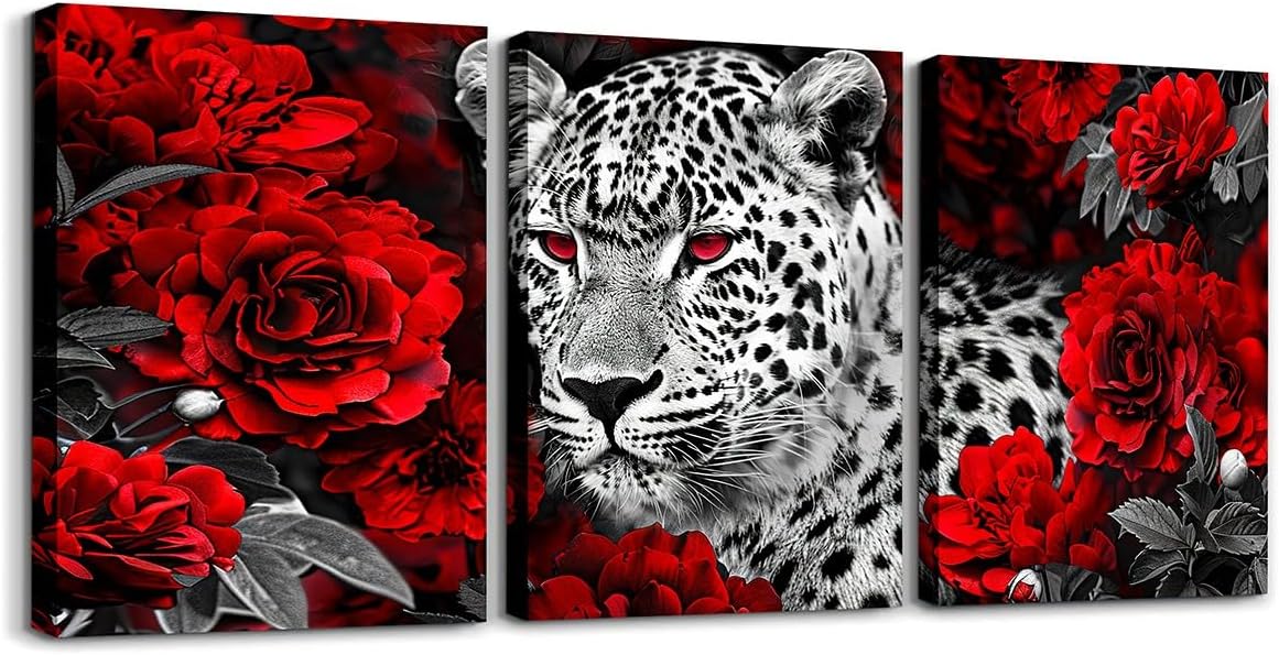 Leopard Canvas Wall Art Set of 3,Red Rose Flowers Paintings Wall Decor for Bedroom Cheetah Print Canvas Art Prints,African Western Wild Animals Pictures Bathroom Wall Decor,Black Grey and White