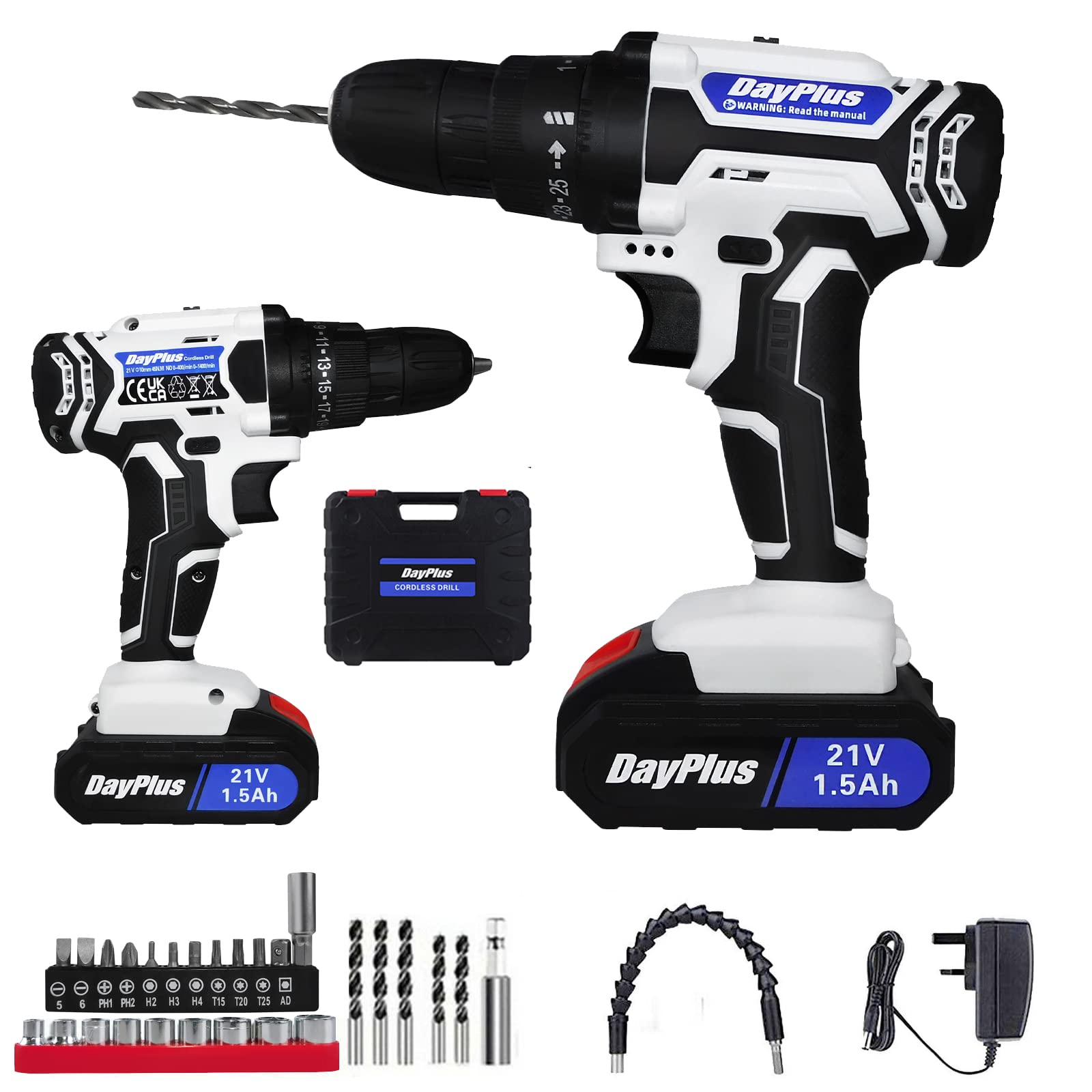 45Nm Impact Driver Set, Cordless Drill Combo Kit with 1.5Ah Battery & Fast Charger, 25+1 Torque, Variable Speed, Forward and Reverse Setting, White