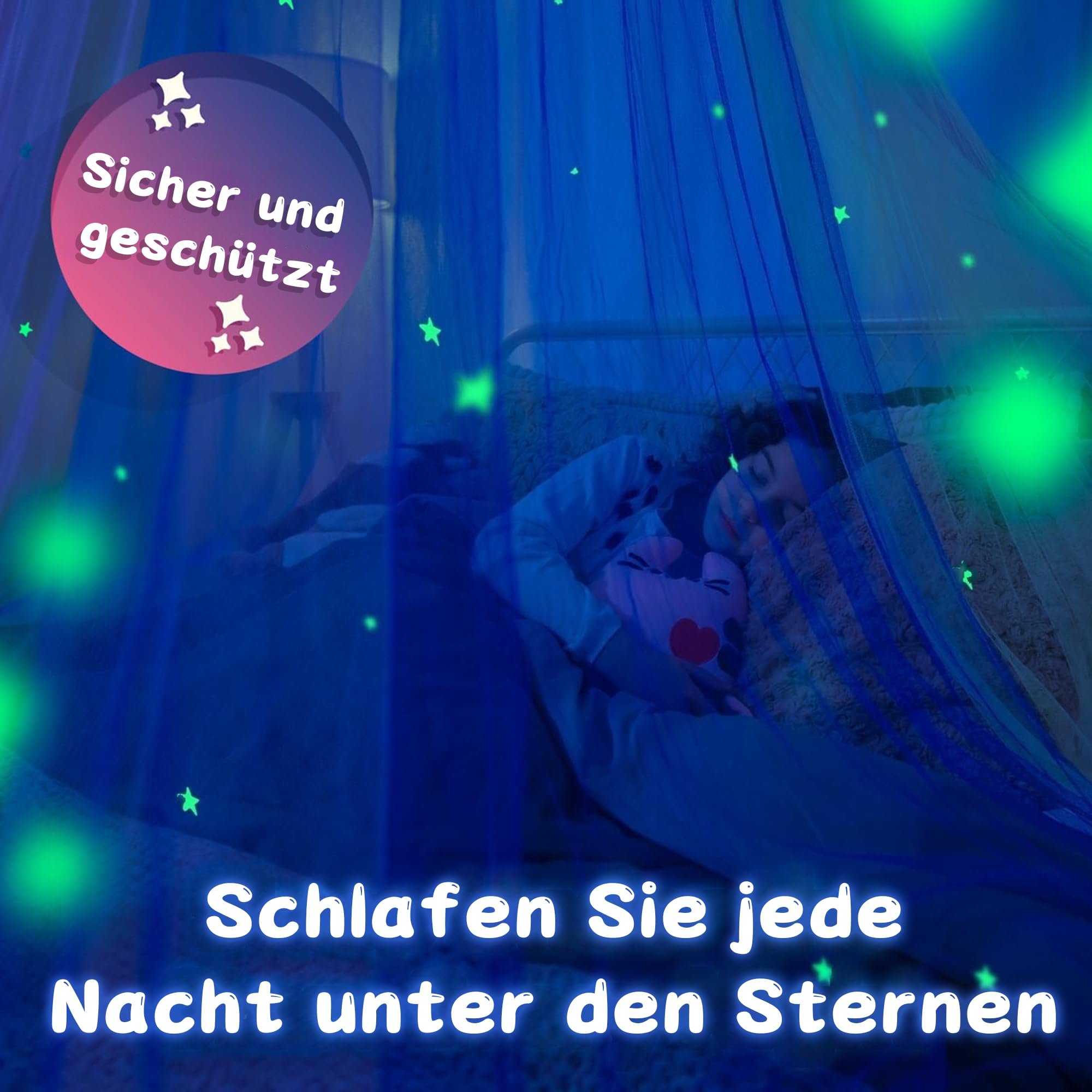 Hausbett Himmel Deko mit Leuchtenden Sternen, 2 Betthimmel & 1 Wimpelkette | Babybett Himmel für Kinderzimmer | Himmelbett Vorhänge für 90x200 & 120x200 Kinderbetten fürJungen/Mädchen(Weiß, 135x270cm)