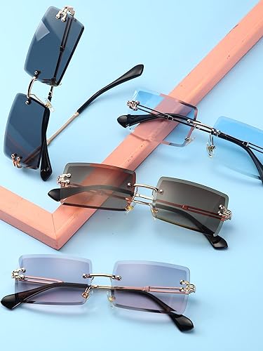 Vista 4 de Frienda 4 pares de lentes de sol rectangulares sin marco, sin marco, gafas cuadradas vintage transparentes para mujeres y hombres