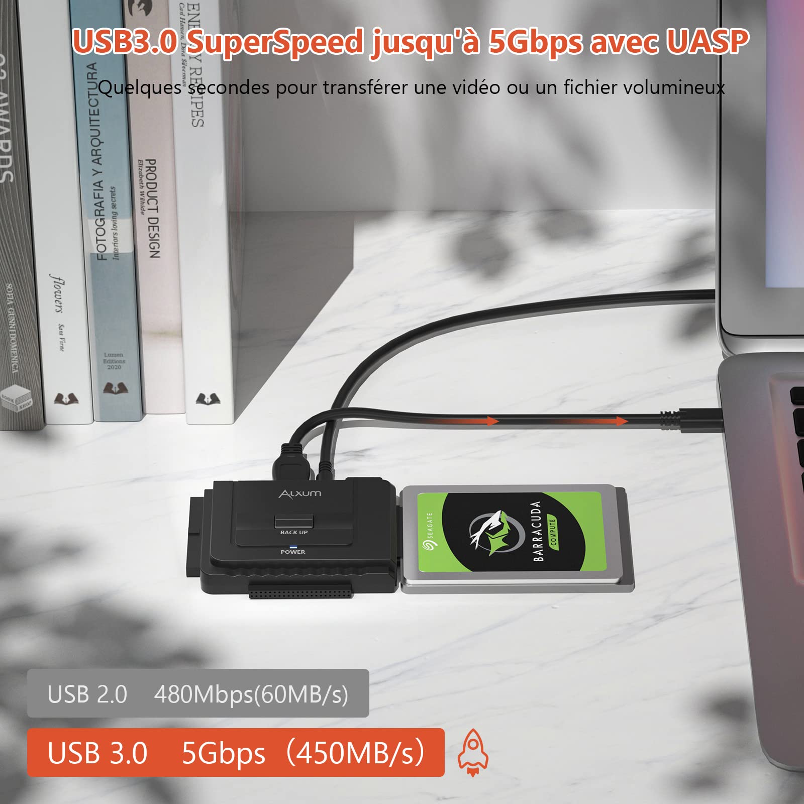 Alxum Adaptateur USB 3.0 vers IDE/SATA Disque Dur 2.5/3.5 Pouces HDD SSD avec Alimentation DC 12V 2A
