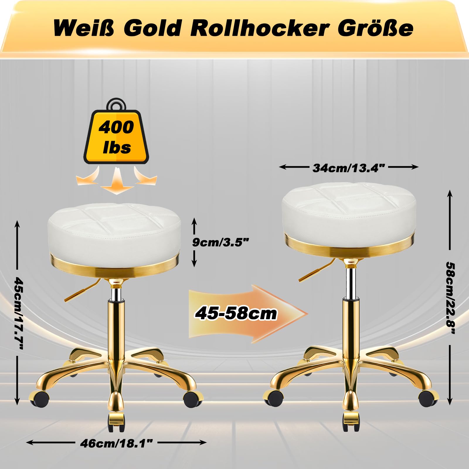 Doré Tabouret à roulettes Ergonomique Rond Chaise Roulant Cuir PU Pivotant Bureau Salon Medical Réglable Hauteur 45-58 cm Blanc